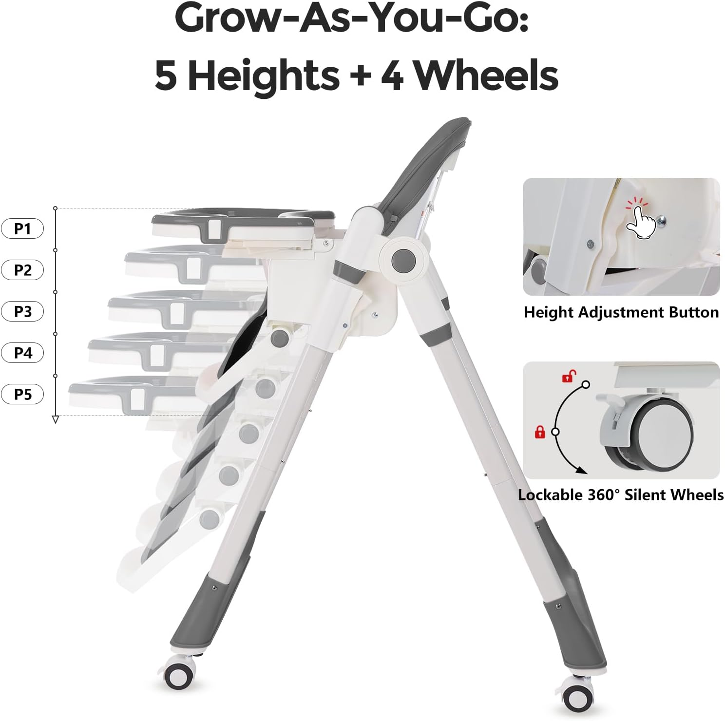 Cochildor 3 In1 High Chair, Easy Clean Foldable Highchair with Adjustable Height, Reclining Mode, 5-Point Safety, Removable Tray, Lockable Wheels, Washable Cushion, Idealfor Babies & Toddlers, Grey