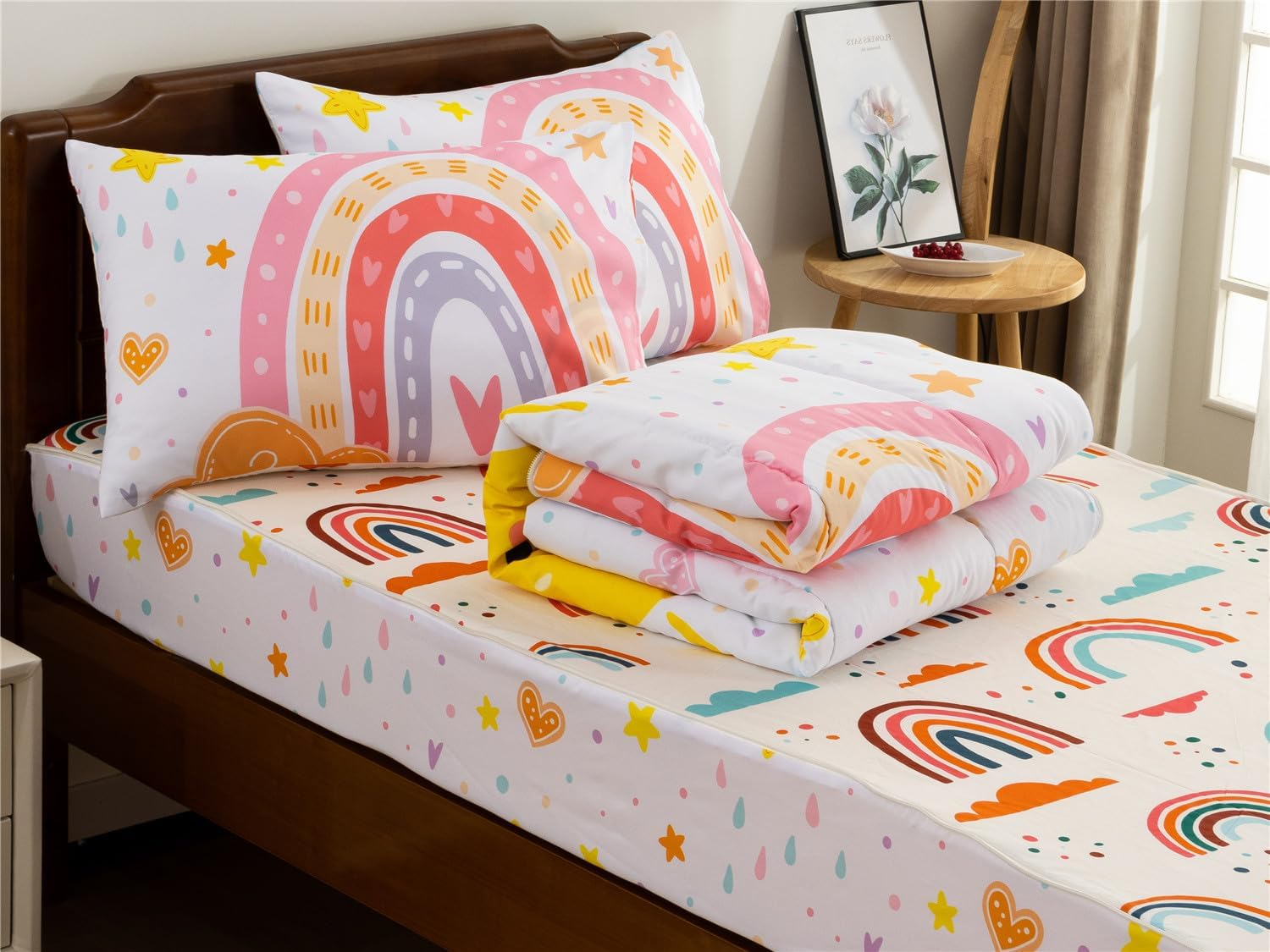 NTBED Rainbow Sun Printed Zipper Bedding Sets Twin for Kids Girls Lightweight Microfiber Comforter Set with Fitted Sheet Pillow Covers,White image number 1