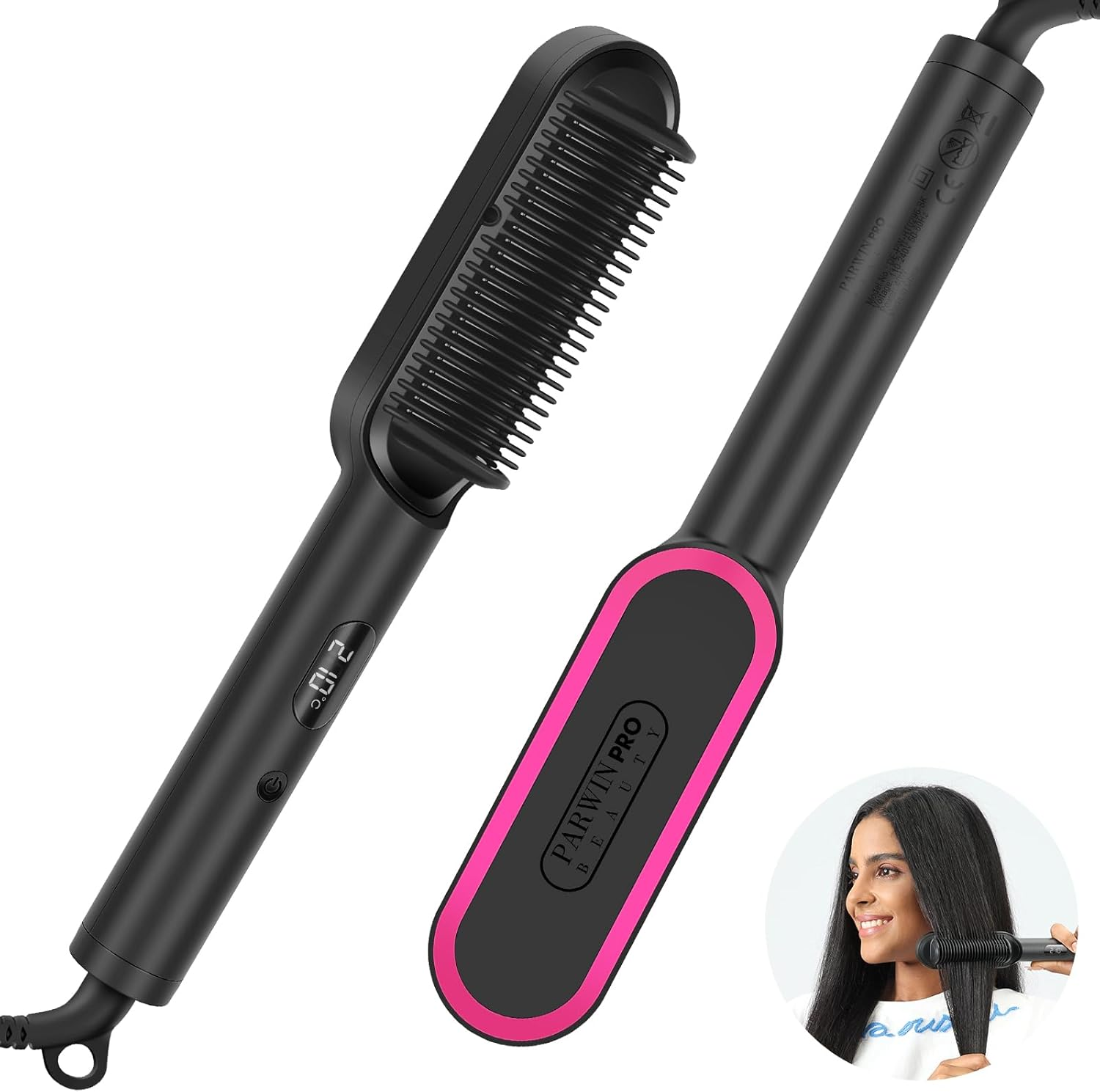 2 In1 Ionic Hair Straightener Brush, PARWIN PRO BEAUTY Hair Straightener Brush with 20S Fast Heating, Anti-Scald Design, 4 Heating Settings & LED Display, Keratin Ceramic Coating, Dual Voltage image number 3