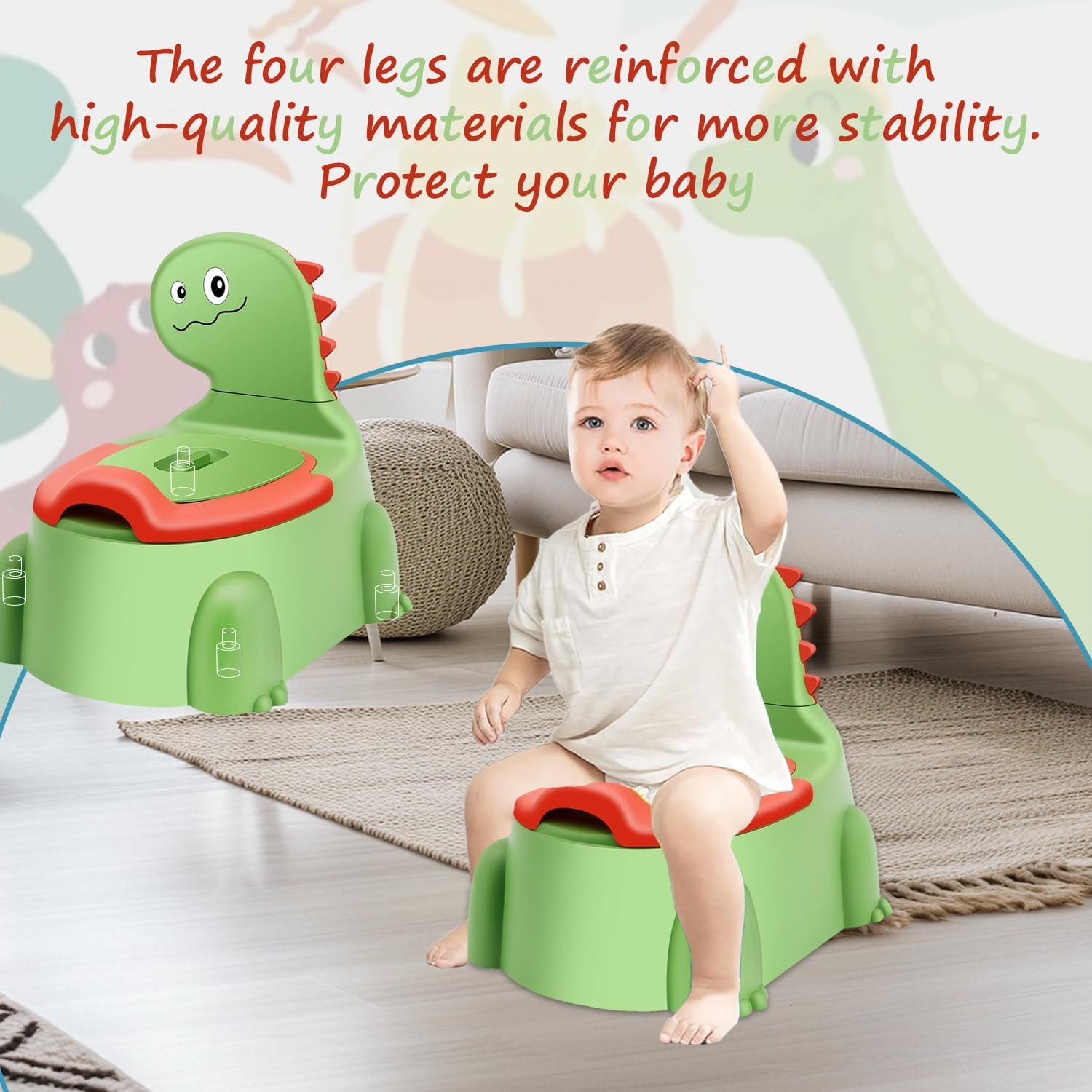 Kaiounni Toddler Potty Seat &ndash; Comfortable Dinosaur Design Toilet Trainer with Non-Slip Mat, Backrest, Soft Lid, and Portable for Boys & Girls Aged 1-6, Safe Potty Training Seat (Green) image number 1