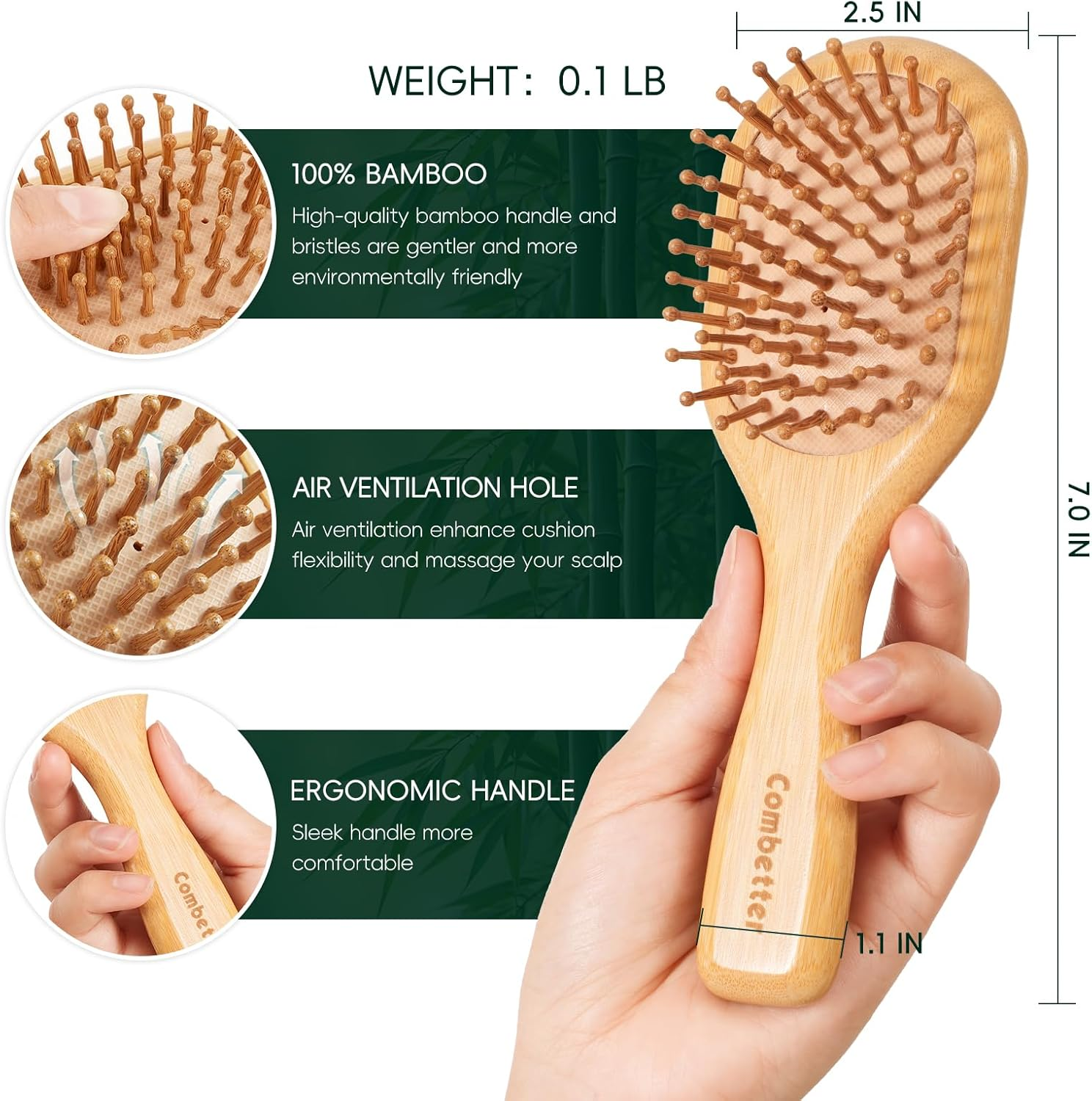 Combetter Bamboo Mini Hair Brush - Detangler Brush for Women, Men & Kids | for Straight, Wavy (Fine/Thin/Coarse) Hair - Dry/Wet Use | Scalp/Travel Brush | Lightweight - Yellow image number 5