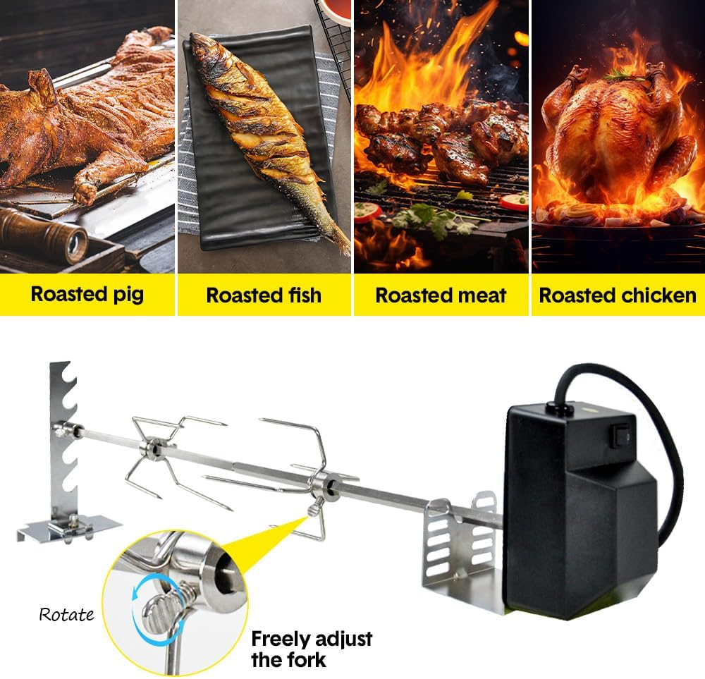 Automatic BBQ Rotisserie Kit Electric Stainless Steel Roast Spit Set 5-Level Height Adjustable with Motor AU Plug for Grilling Hot Dog Chicken Steak