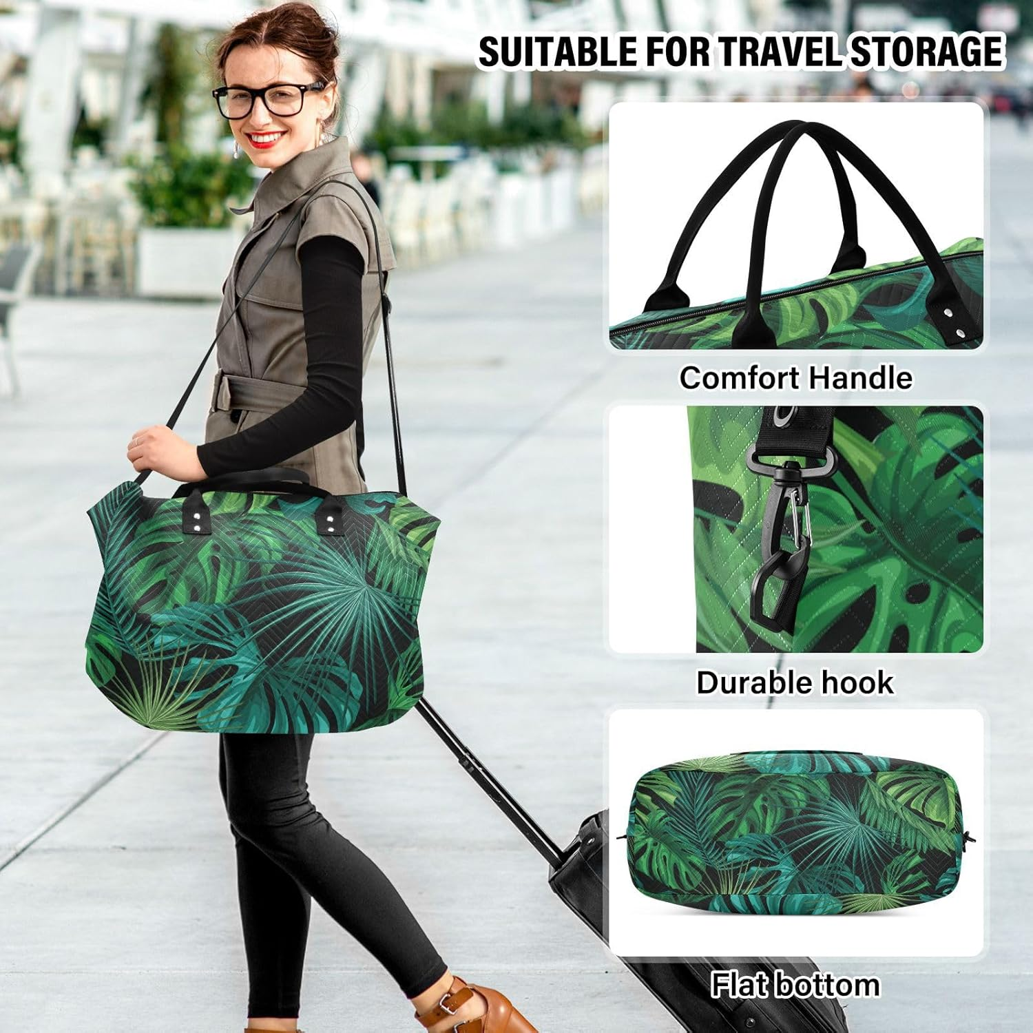 Large Bag Weekender/Overnight Duffel Tropical Plant Leaves Green Workout Bag with Adjustable Strap for Business, Tropical Plant Leaves Green, Set of 2, Art Deco image number 3