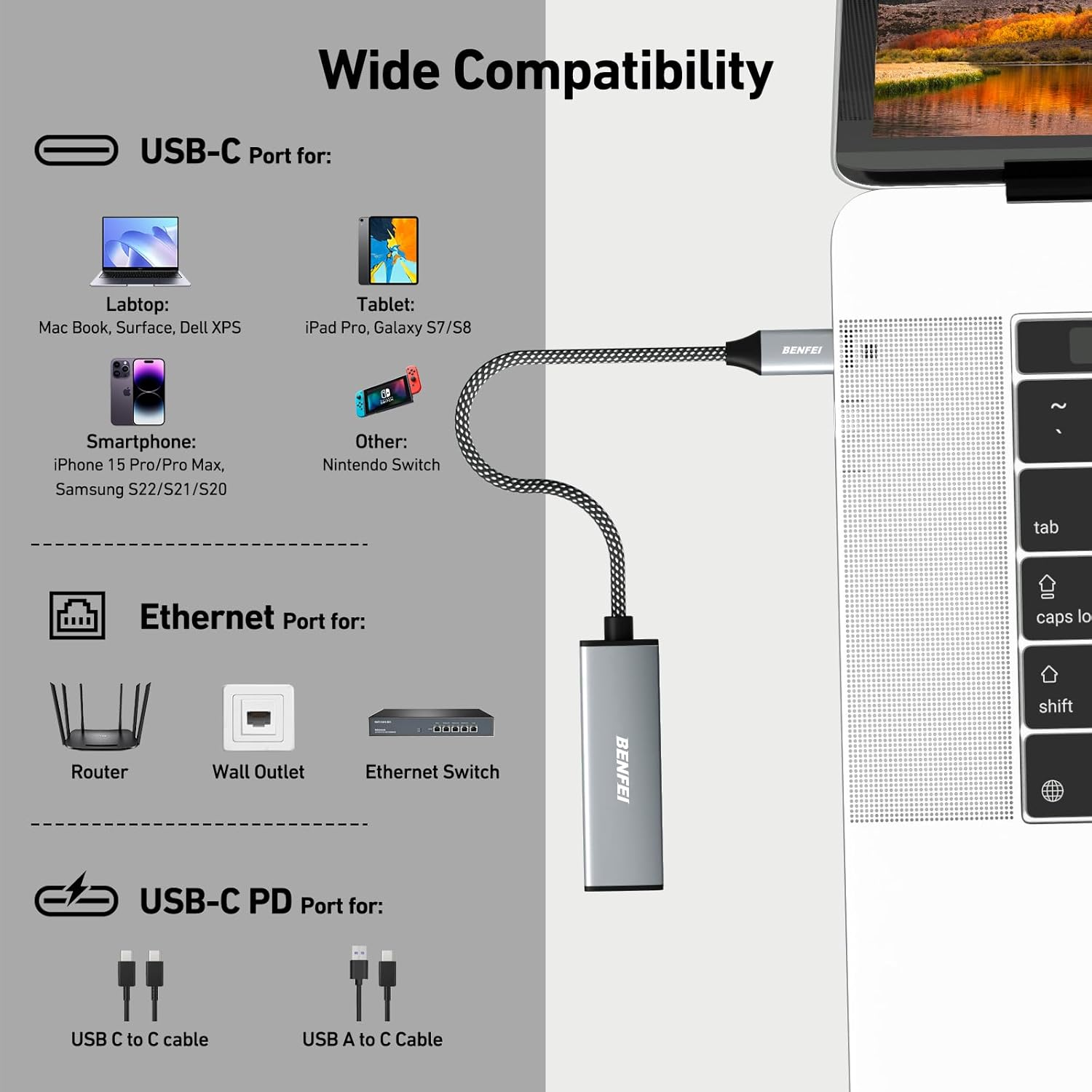 BENFEI USB-C to Ethernet Gigabit Adapter with 100W Power Delivery, Thunderbolt 3/4 to RJ45 Ethernet LAN Network Adapter Compatible with Iphone 15 Pro/Max, Macbook Pro/Air 2023, Imac image number 3