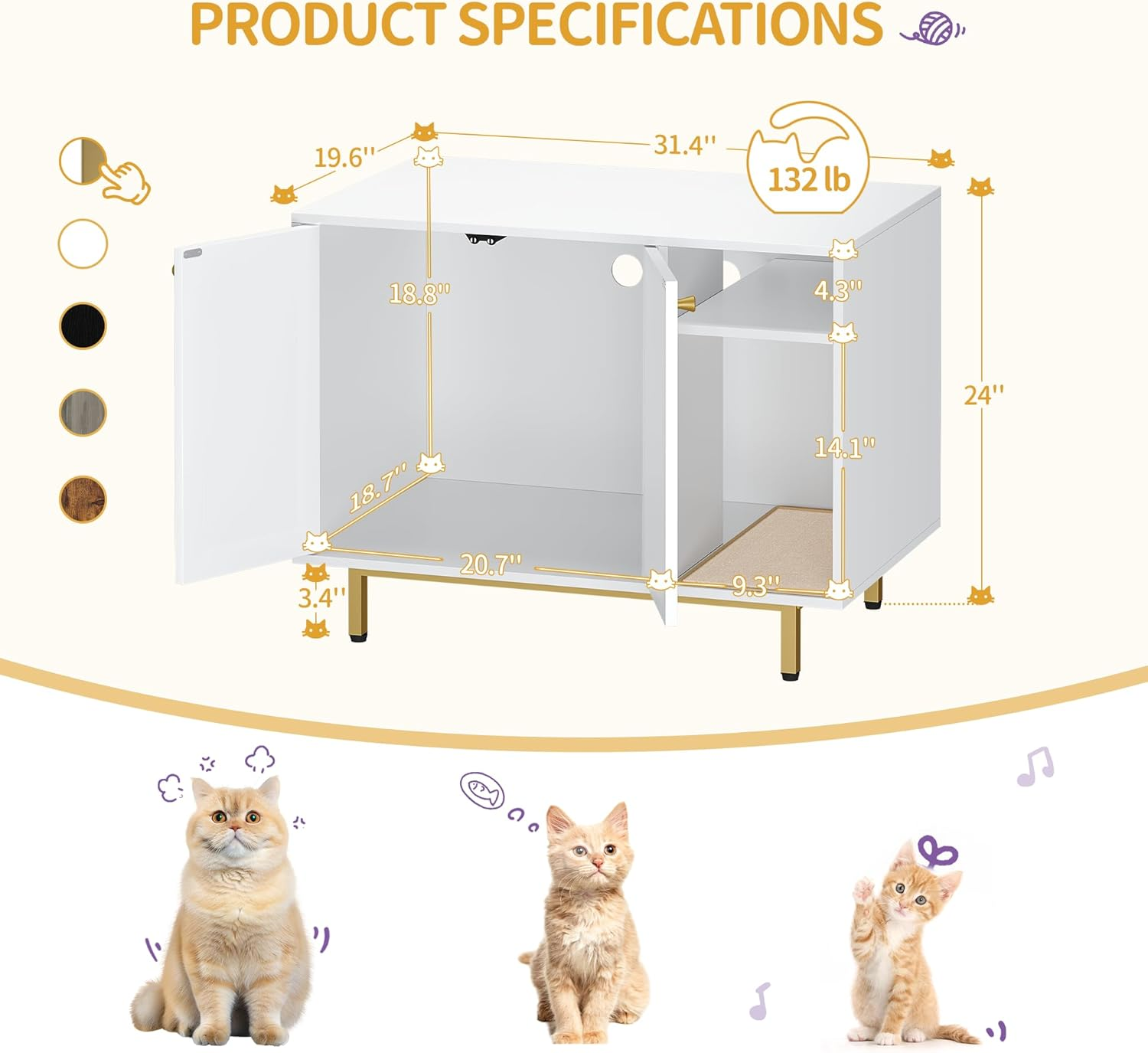 Hzuaneri Cat Litter Box Enclosure, Hidden Litter Box Furniture, Wooden Pet House Side End Table, Storage Cabinet Bench for Living Room, Bedroom, 31.5 X 19.7 X 23.9 Inches, White and Gold 01503GCLB - White And Gold image number 4