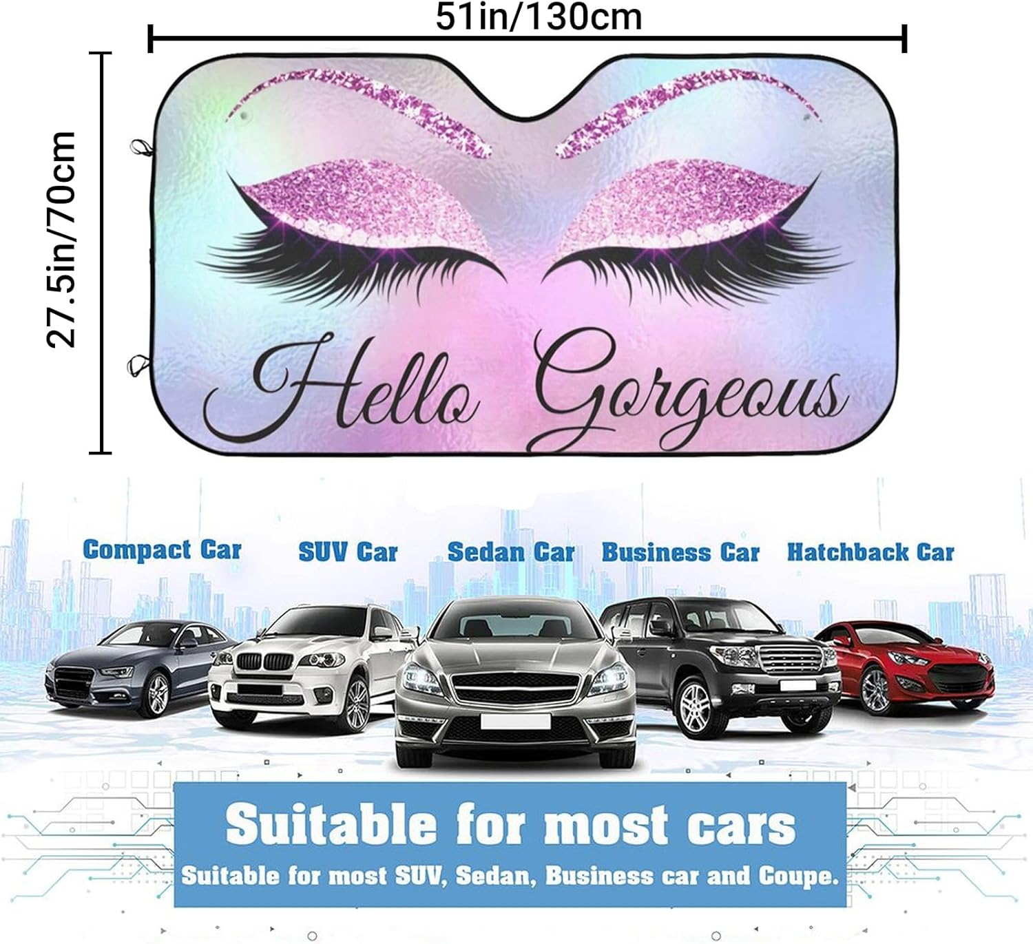 Car Windshield Sunshade, Purple Eyelash Front Window Sun Shades, Folding Block Sun Visor Protector for Car, Sedan, Truck, SUV, Womens Cute Auto Interior Accessories 51X27.5 In image number 3