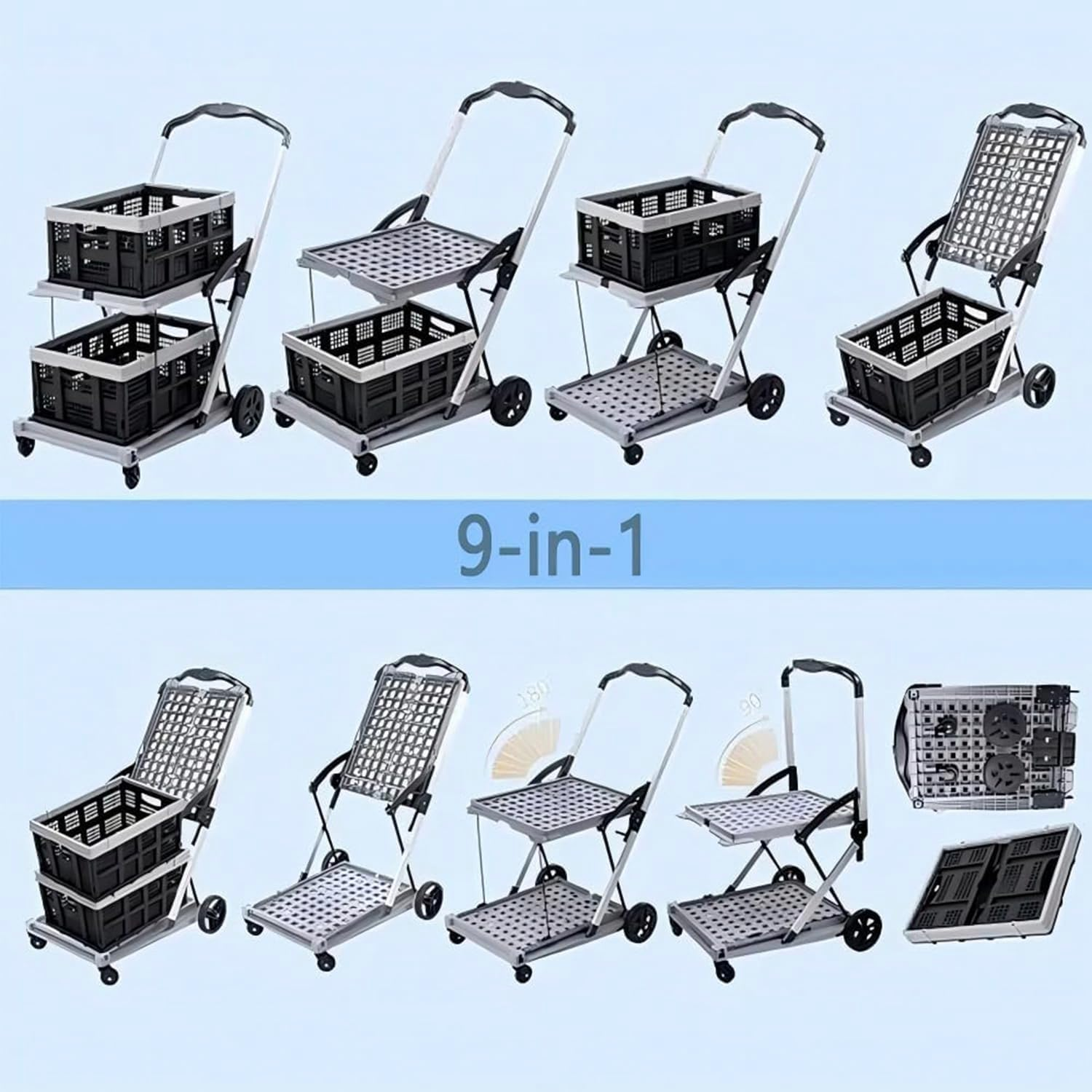 Folding Shopping Cart 2 Tier Multi Use Mobile Trolley Functional Collapsible Carts with Wheels and Removable Folding Storage Crates, for Groceries,Camping,Garage, Supermarket (Double Layer) image number 4