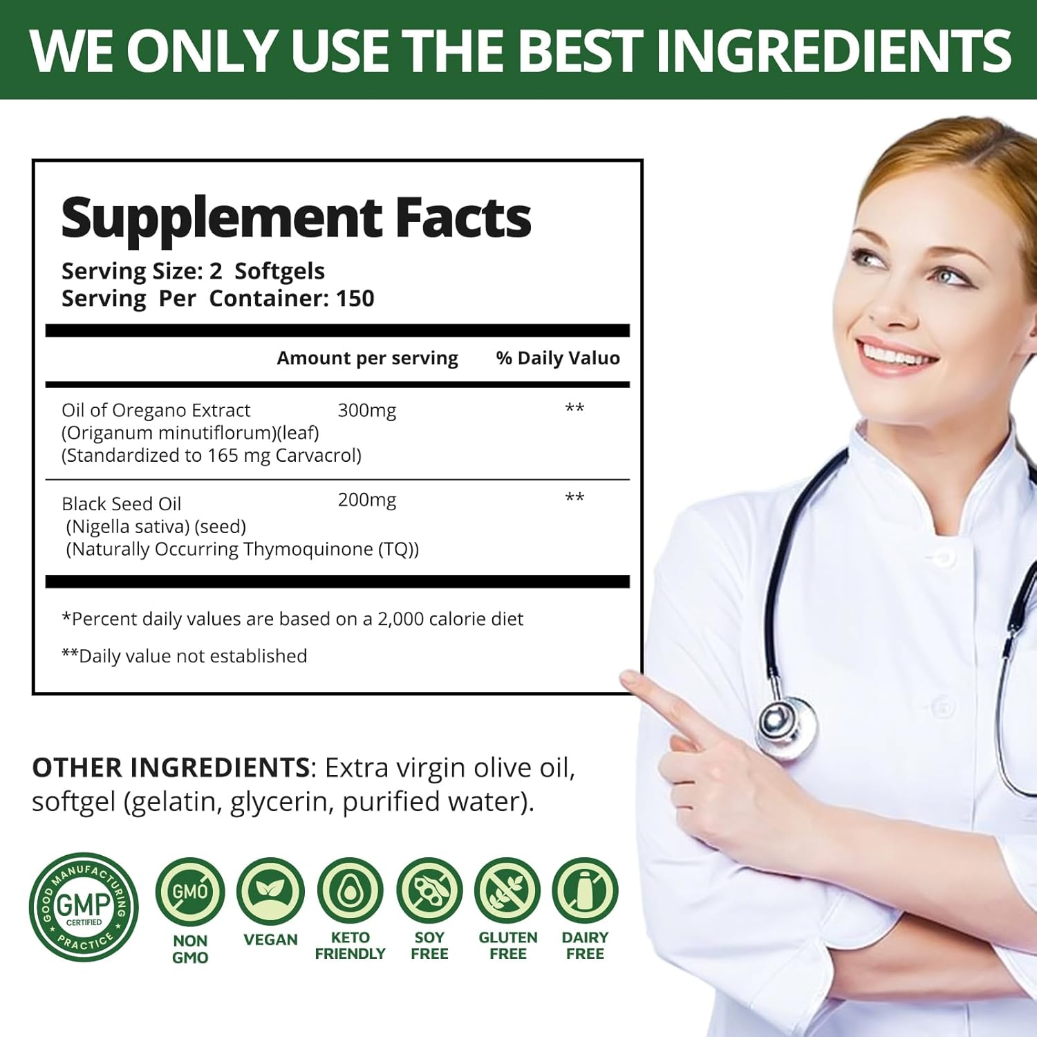 Oregano Oil Softgels with Black Seed Oil &ndash; 300 Count, Vegan, Gluten-Free image number 2