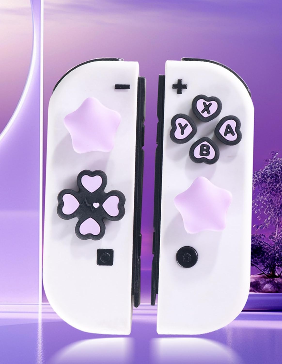 Cross D-Pad Button Caps Thumb Grips Set, Compatible with Nintendo Switch 2, Cute Star 3D Soft Silicone ABXY Buttons Sticker Joystick Cover Caps, Black/Purple image number 4