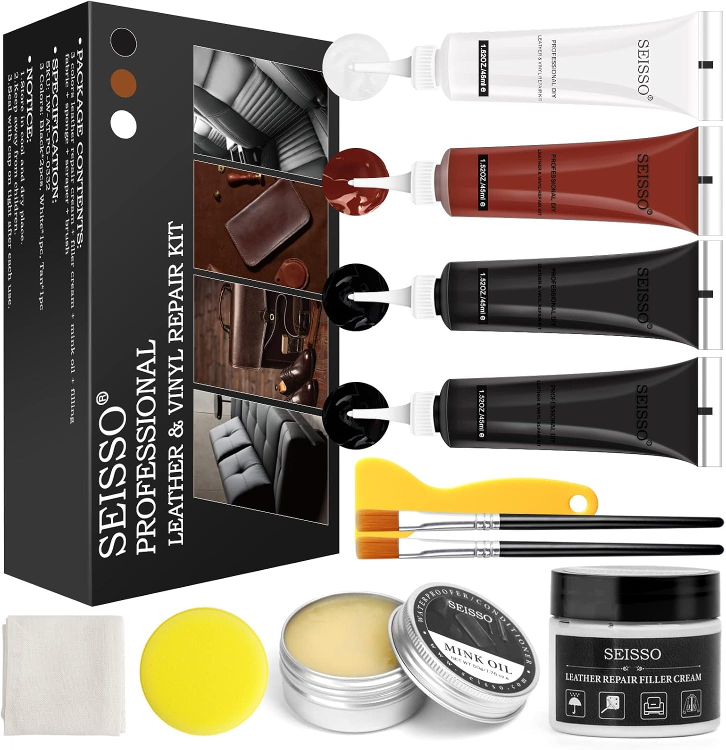 Black Leather Repair Kit for Furniture, Car Seat, Sofa, Boot, Shoes - Dye and Filler with Mink Oil - Brown White Vinyl Restorer for Cat Scratch, Burn Holes image number 5