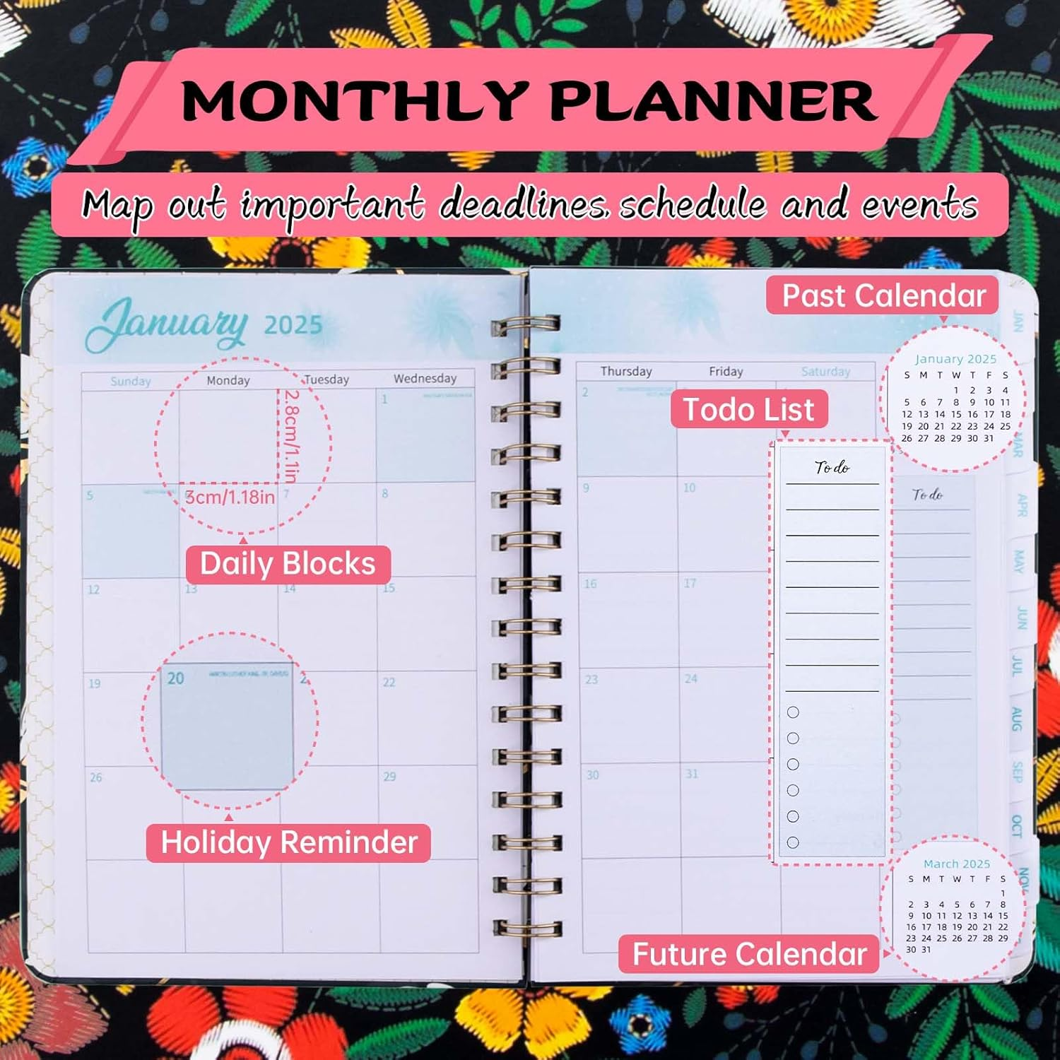 2025 Planner,Calendar 2025, Jan.2025 - Dec.2025, 2025 Planner Weekly and Monthly with Tabs, 6.3" X 8.4", A5 Hardcover with Back Pocket + Thick Paper+Elastic Closure -Oil Painting (E) image number 1