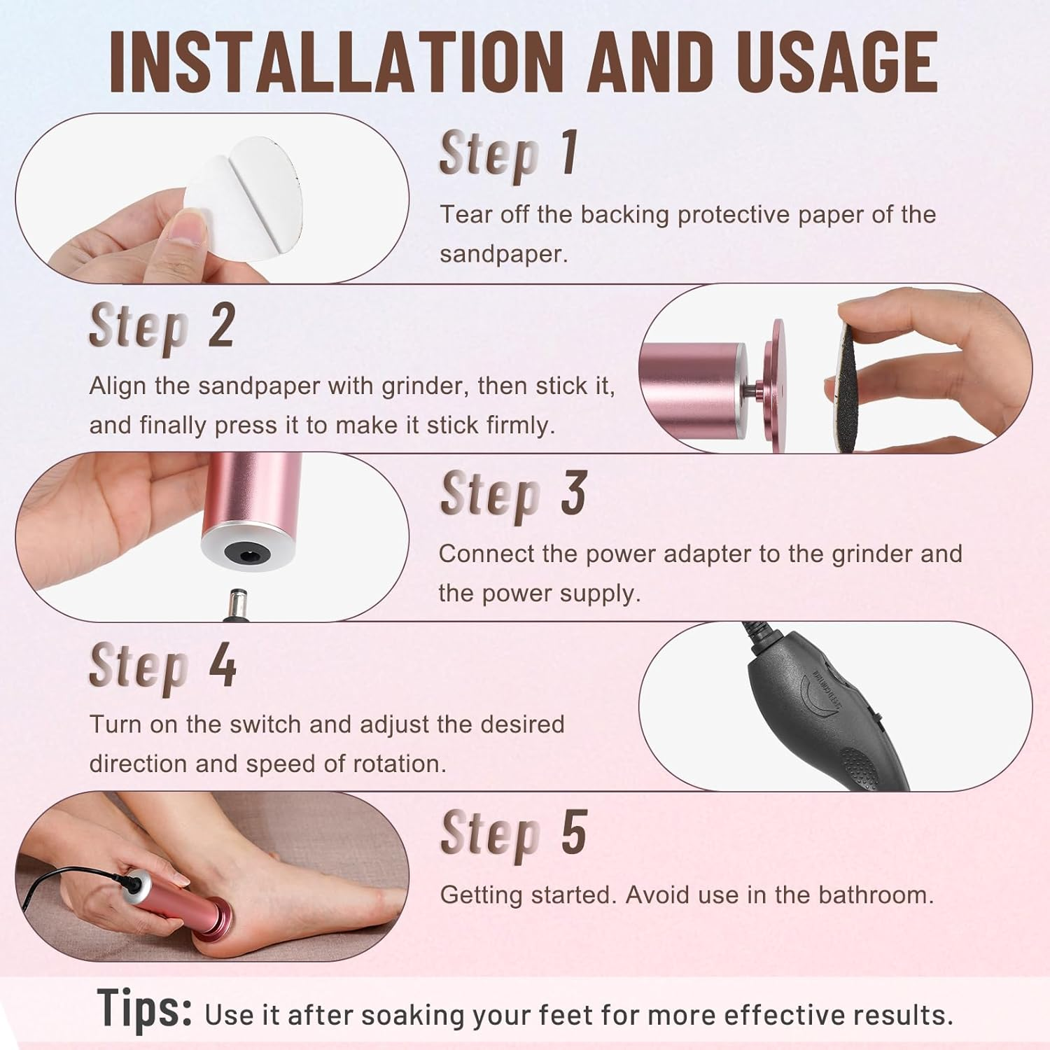 Dermave Electric Foot File Callus Remover for Feet with 60 Pcs Replaceble Sandpaper Discs, Foot Grinder Pedicure Tool for Women