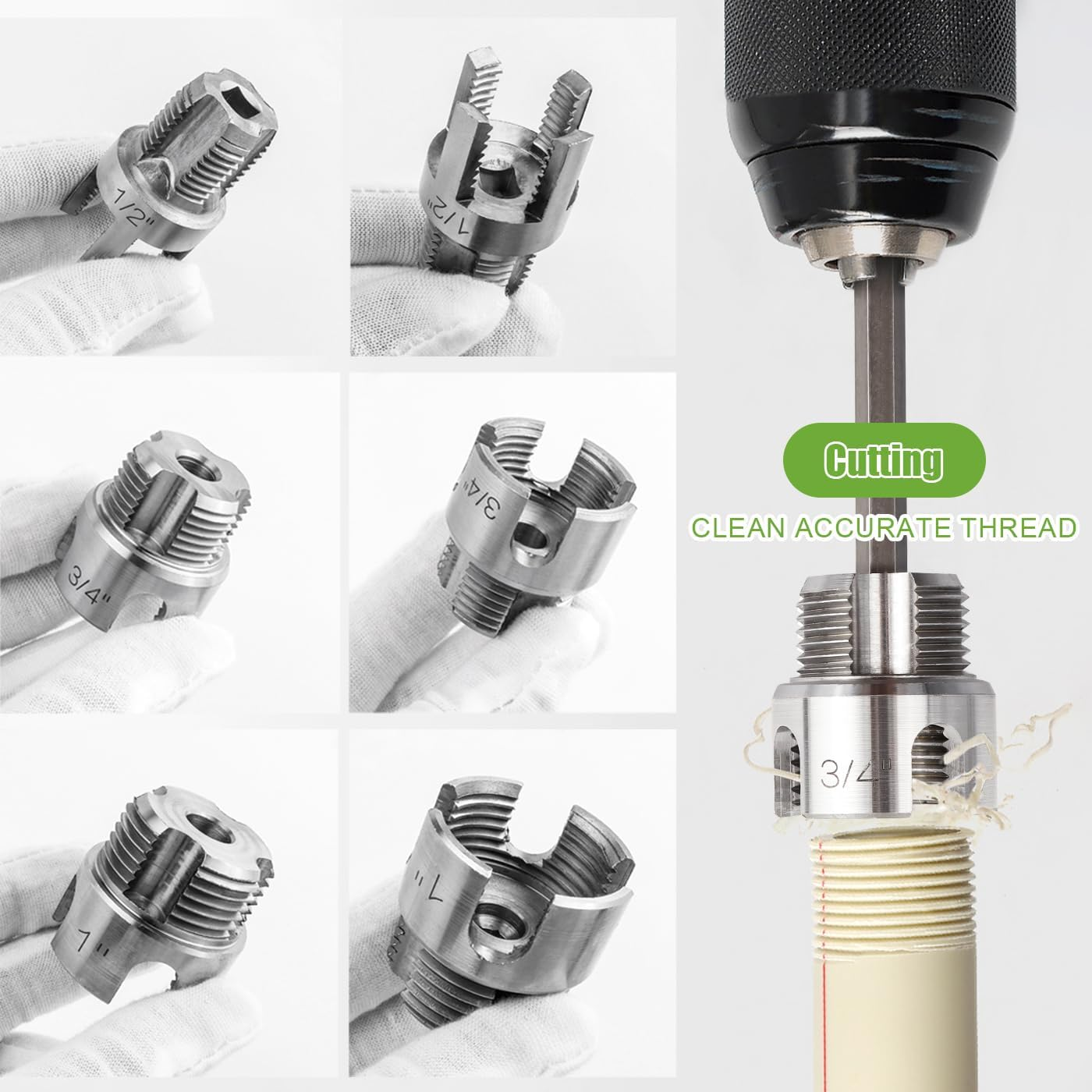 3 Pcs Pipe Thread Cutting Tool, Dual Function Integrated Internal & External Pipe Threading Tools Electric Drill Compatible PVC Plastic Pipe Threader Kit, 1/2" 3/4" 1" Pipe Size Rethreading image number 5