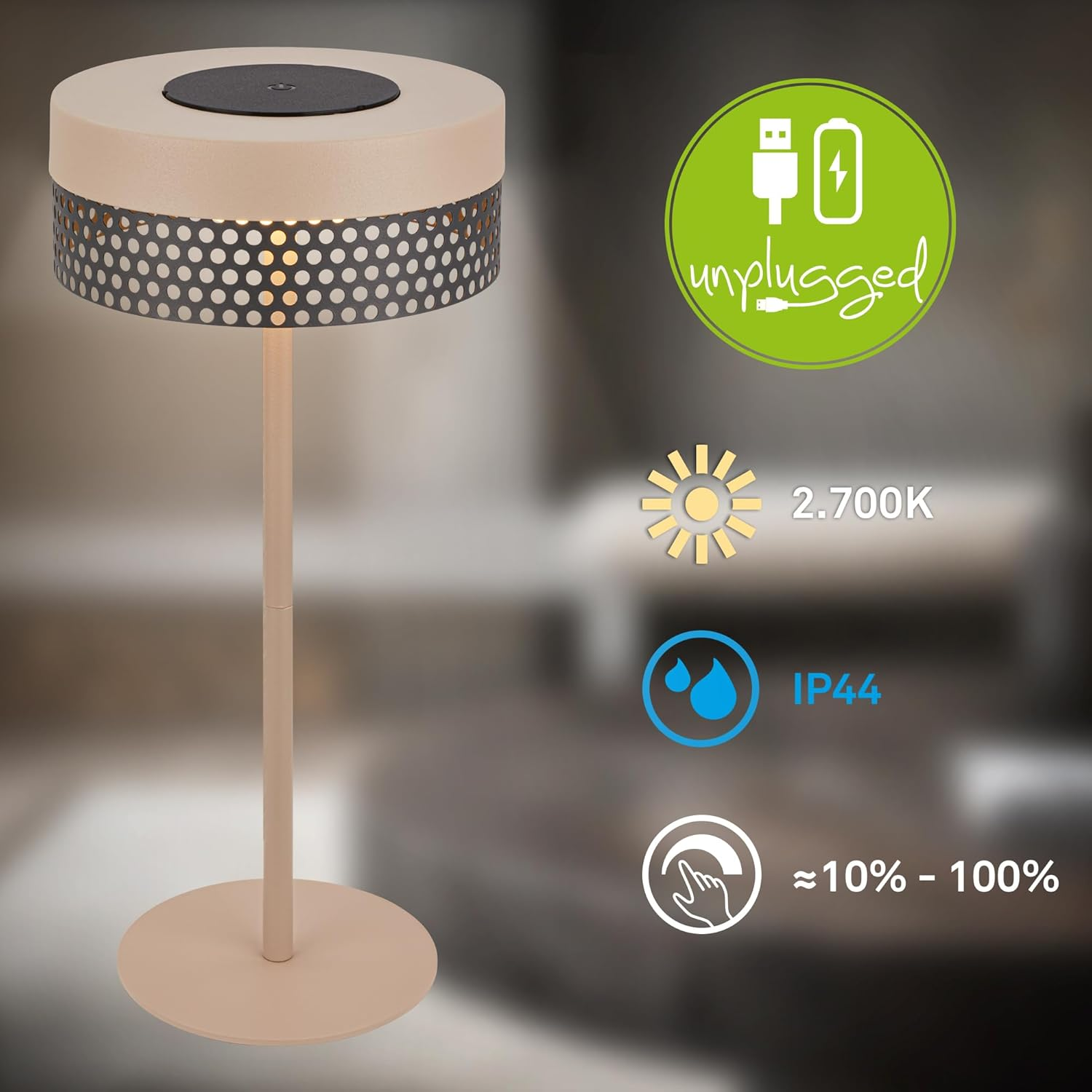 BRILONER - LED Table Lamp Wireless IP44 with Touch, Dimmable, Battery Replaceable, Bedside Lamp, Reading Lamp, LED Lamp, Decorative Lamp, Table Lamp, Battery Lamp, Outdoor Lamp, 16 X 35 Cm, Beige image number 3