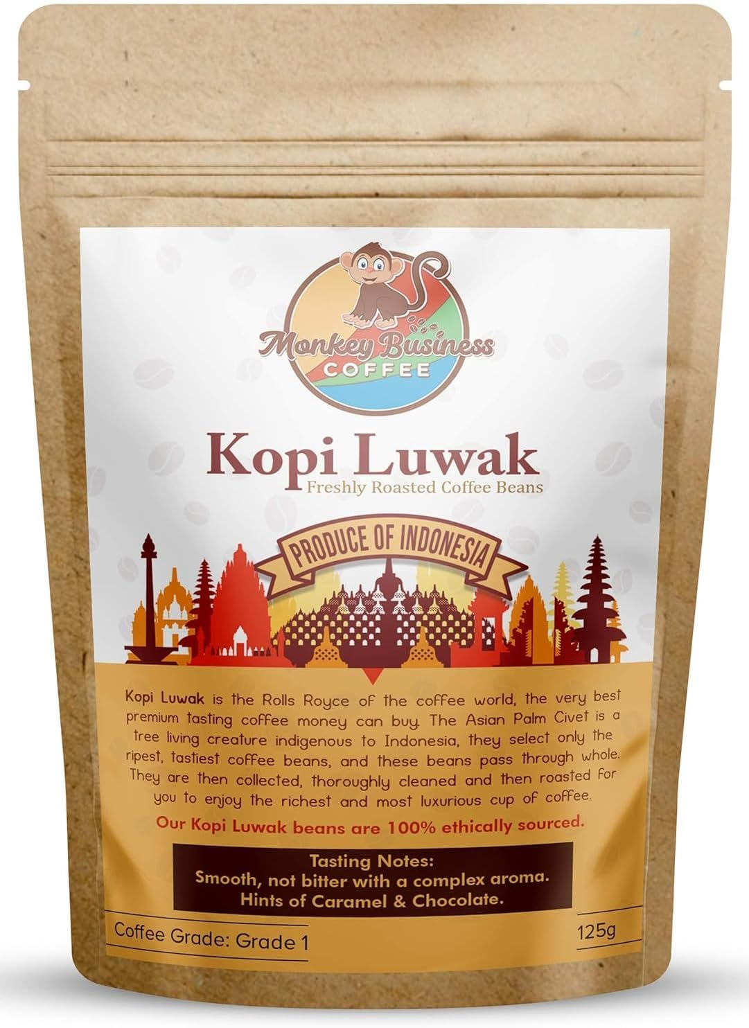 Monkey Business Coffee - Wild Kopi Luwak Coffee Whole Beans - Ethically Sourced - 250 Grams (Other Weights & Bean Types Available) - Produce of Indonesia image number 2