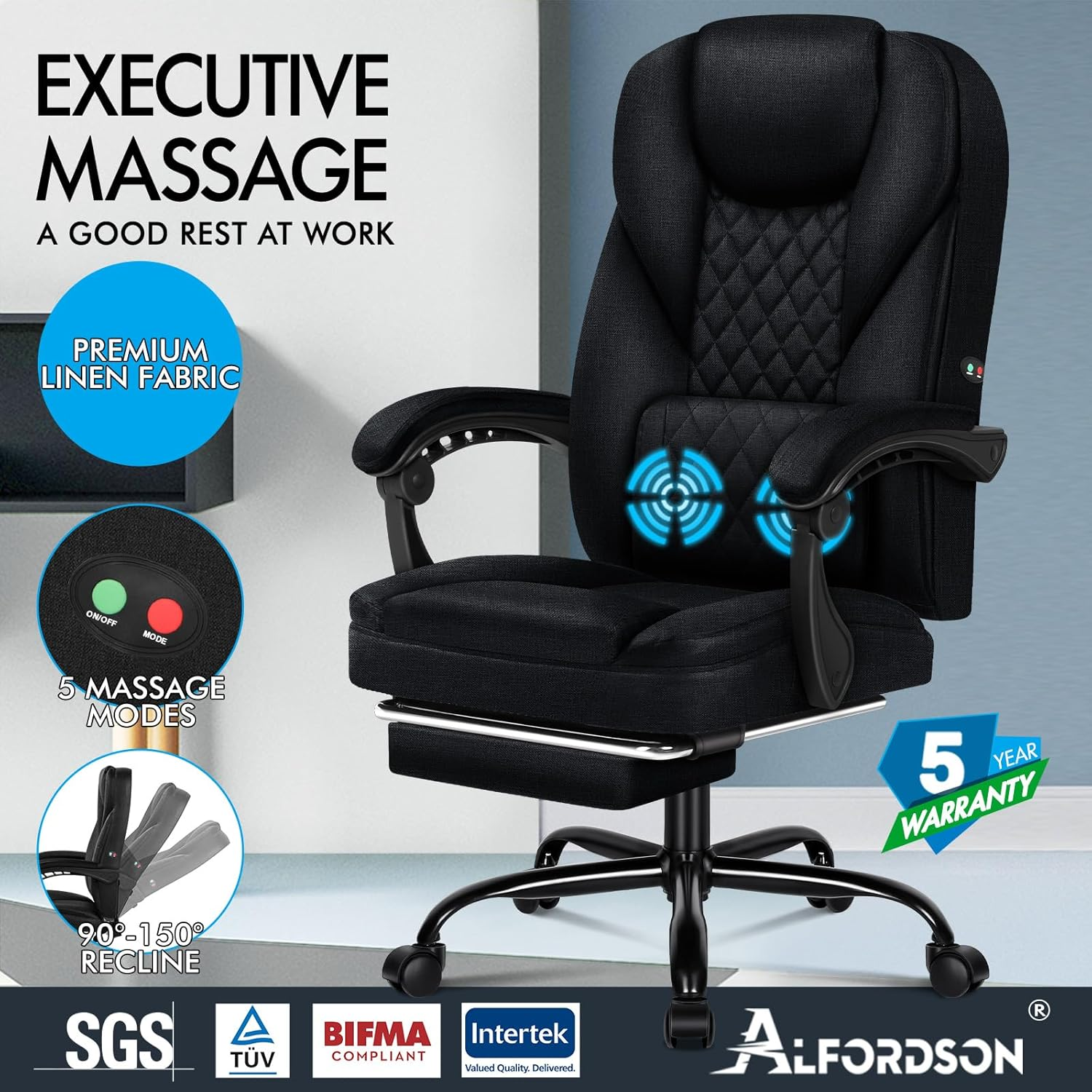 ALFORDSON Ergonomic Office Chair with 150&deg; Recline & 2-Point Massage, Computer Desk Chair with SGS Approved Gas-Lift, Executive Home Video Game Chair (Avery Fabric Black) image number 2