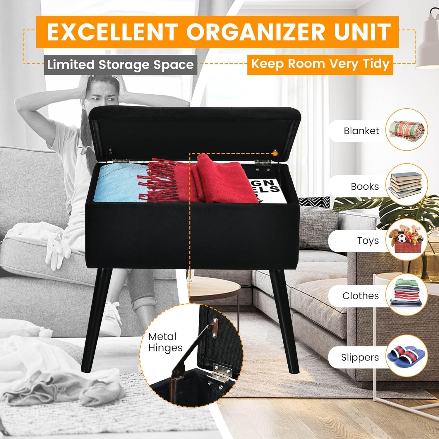 Costway Vanity Stool with Storage, Velvet Ottoman with Solid Wood Legs & Flip-Up Padded Seat, Modern Footrest Stool, Rectangular Shoe Changing Stool for Makeup Room, Entryway & Bedroom image number 3