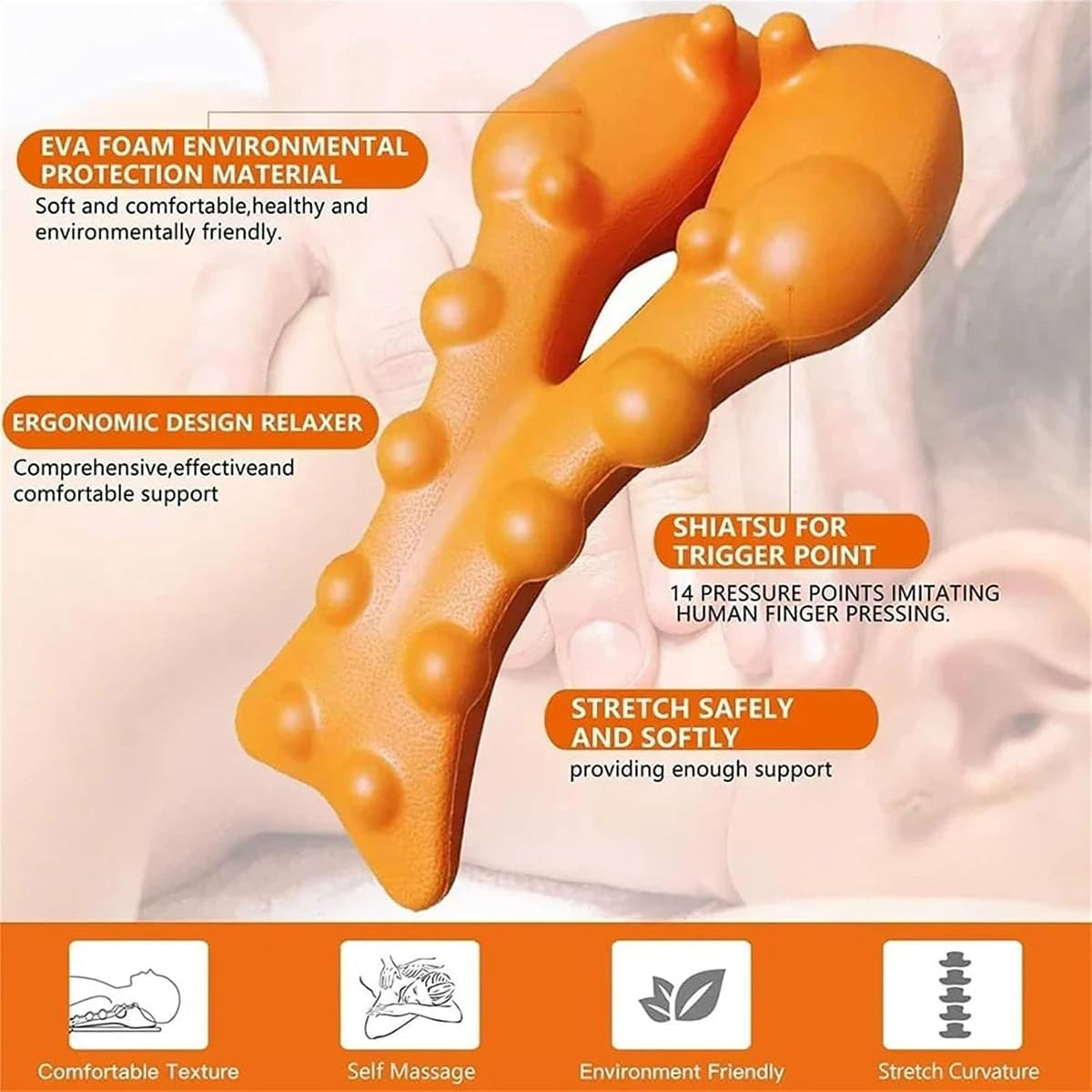 AIMALL Ergonomic Back Stretcher and Neck Pillow - Cervical Relief and Muscle Relaxation, Acupressure Support for Improved Sleep, 5.7"X13" Dimensions, Orange image number 1