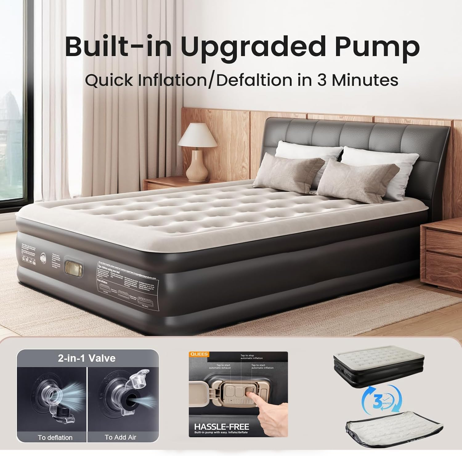 Quintin Air Queen Size Mattress Air Bed Queen with Built in Pump, Foldable Portable Inflatable Mattress, 500Kg Weight Capacity Blow up Air-Mattress Suitable for Guests, Indoors and Camping (Black)