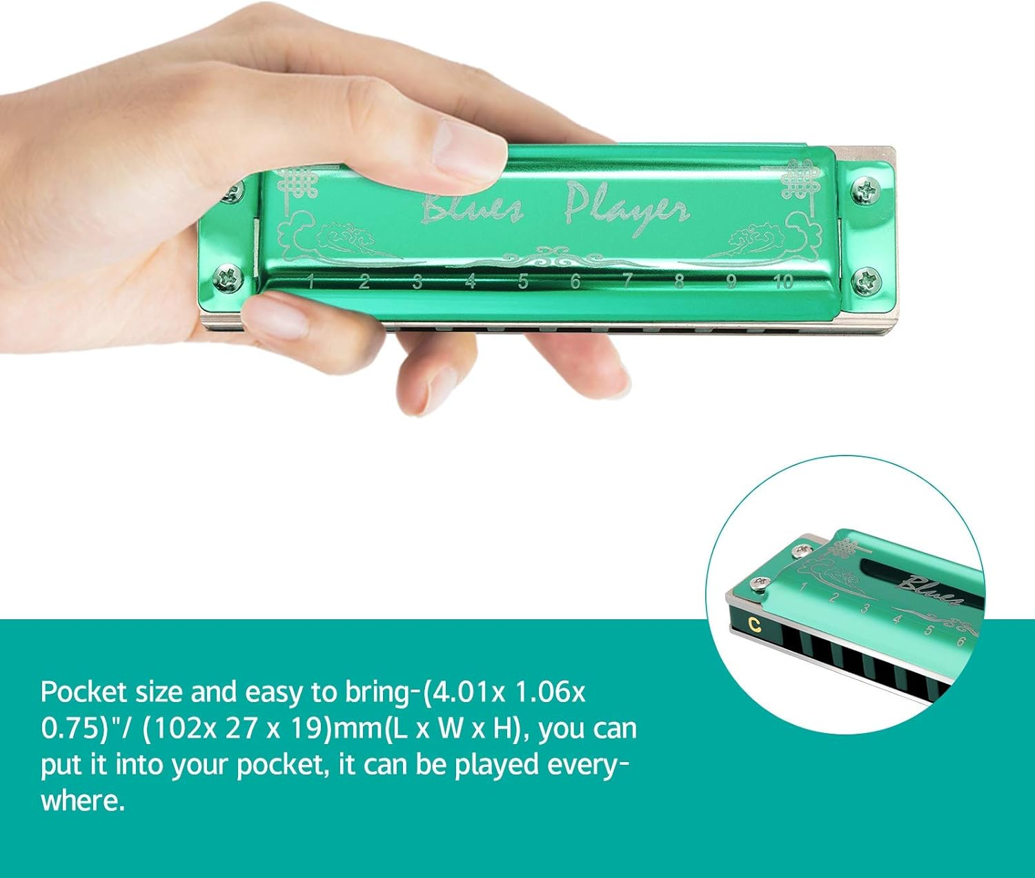 East Top Upgrade Harmonica, C Key 10 Hole Professional Green Diatonic Blues Harmonica for Adults, Professionals, Beginners, Students and Kids, as Best Gift image number 6