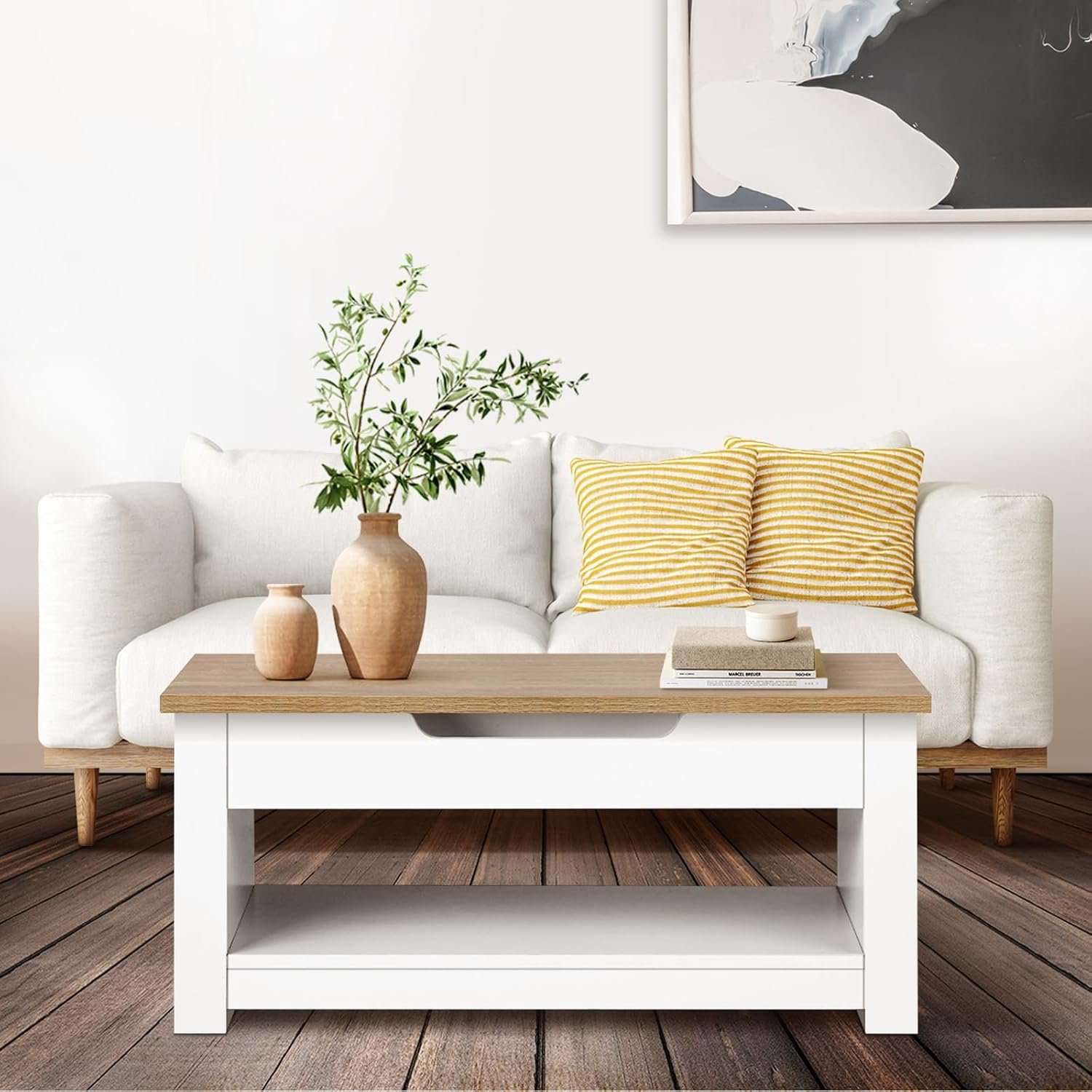 Oikiture Coffee Tables Lift up Top Wooden Convertible Hidden Book Storage Living Lounge Room Furniture Shelf Display,White and Natural Wood image number 3