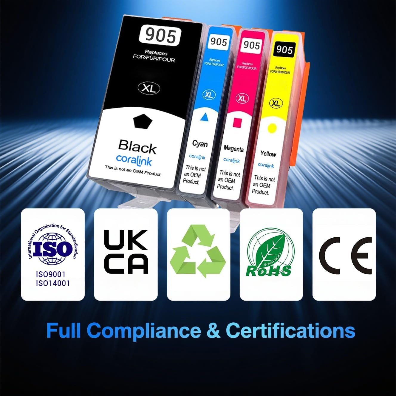 Coralink 905Xl Cartridges Remanufactured 905Xl Compatible for Hp Ink Woks with Officejet Pro 6968 6978 6960 6963 6965 6966 6970 6976 6950 6956 Inkjet Printer High Yield Capacity 905 (BK/C/M/Y 4Pack) image number 1