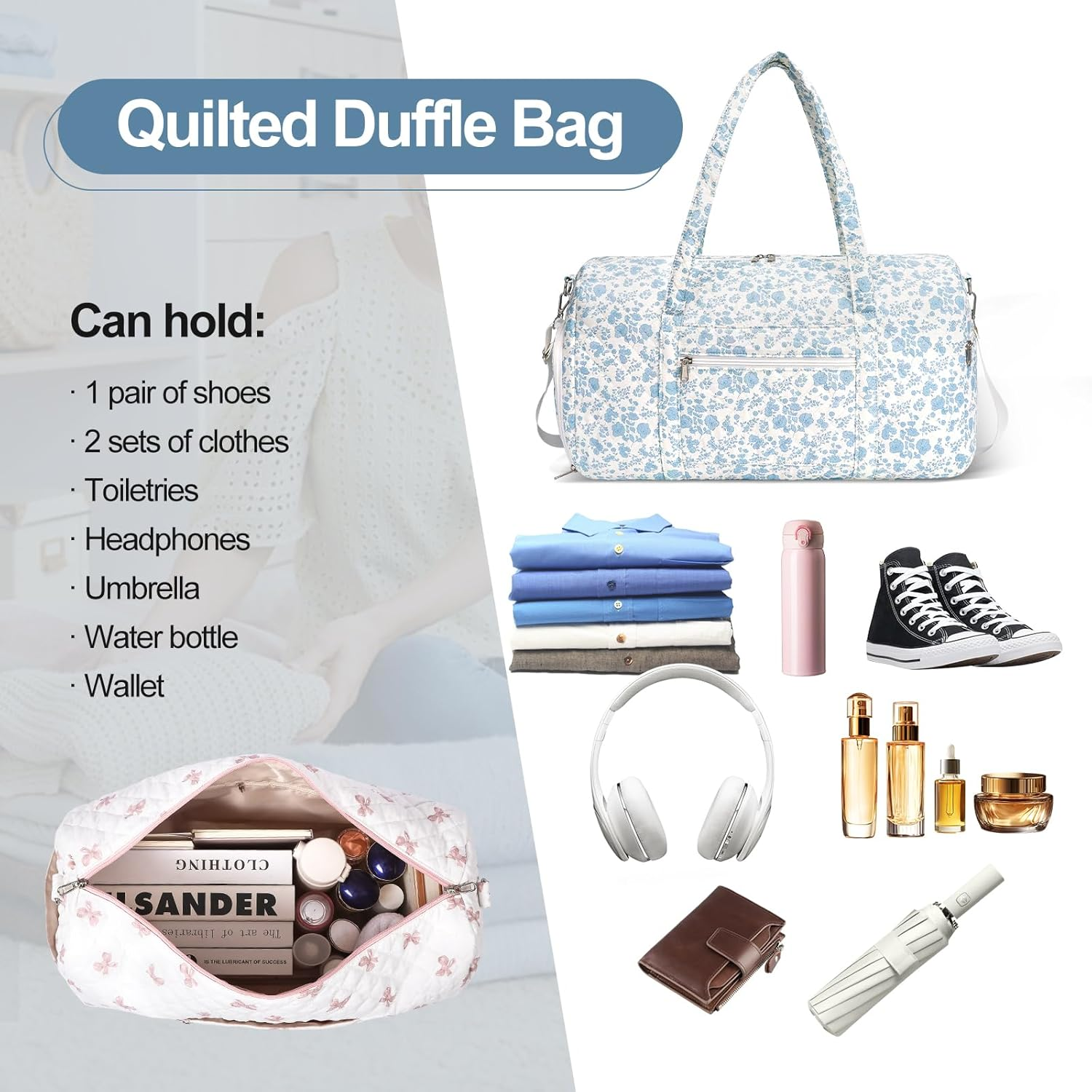 Gym Bag for Women, Cute Duffle Bag, Quilted Duffle Bag for Travel, Floral Duffle Bags, Weekend Bag with Zipper Pocket Dance Bag Organizer, Quilted-Blue Flowers, with Shoe Compartment image number 2