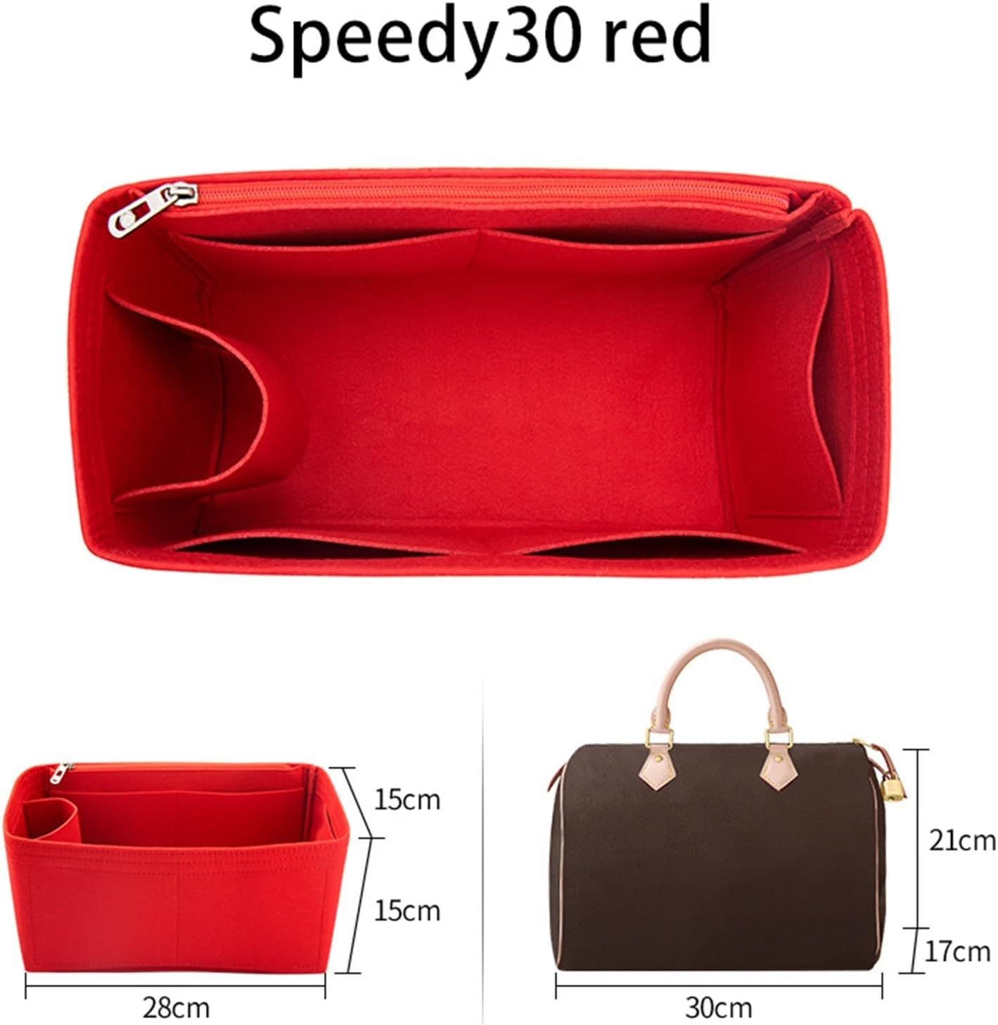 Felt Insert Bag Organizer for LV Speedy 20 25 30 35 Flap Handbag Inner Bag Makeup Travel Purse Storage Tote Bag Accessories, for Speedy30 Red, One Size - For Speedy20 Red image number 5