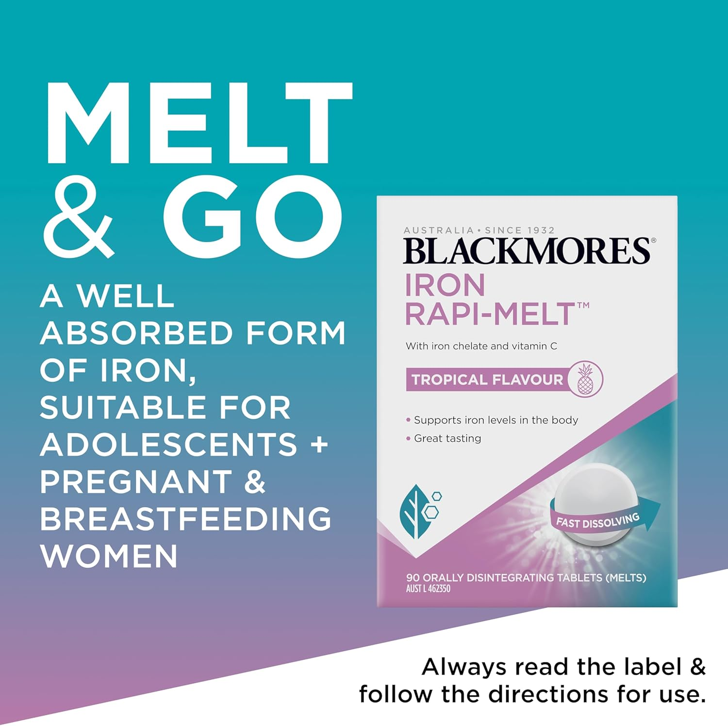Blackmores Iron Rapi-Melt | Formulated with Iron Chelate and Vitamin C | Supports Iron Levels in the Body | Tropical Flavour | 90 Melts image number 4