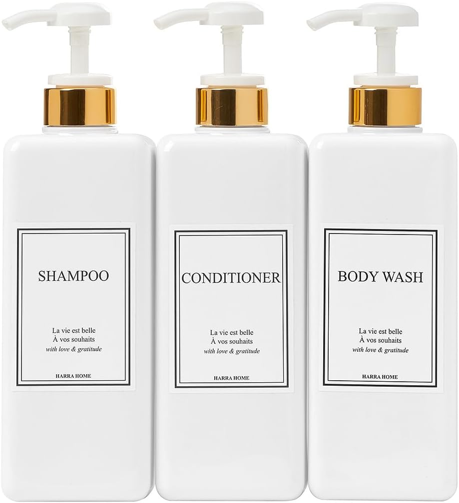 (White) - HARRA HOME Modern Gold Design Pump Bottle Dispenser for Bathroom 800Ml Refillable Empty Shower Shampoo White Plastic Bottles with Pump Set Lotion Body Wash and Massage Oils, Pack of 3 (White) image number 4