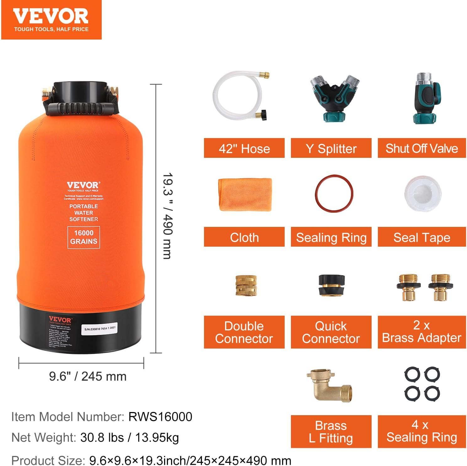 VEVOR RV Water Softener, 16,000 Grain Portable Water Softener, with 3/4" Brass Fittings and 42" Hose, Soften Hard Water Filter System for Rvs, Trailers, Boats, Mobile Car Washing, Pressure Washing image number 6