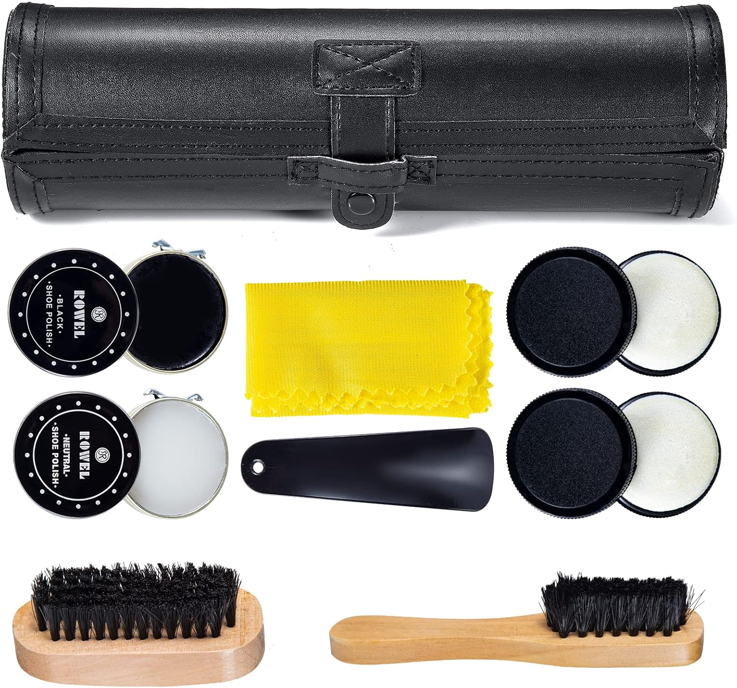 YUET Shoe Polish Kit Cleaning Shine Care Barrel Set for Brown Black Leather with Brush Travel Case Luxury Premium Soft Horsehair Bristle Dauber, Wooden Applicator, Shoehorn, Cloth 9 Piece Black Pouch image number 2