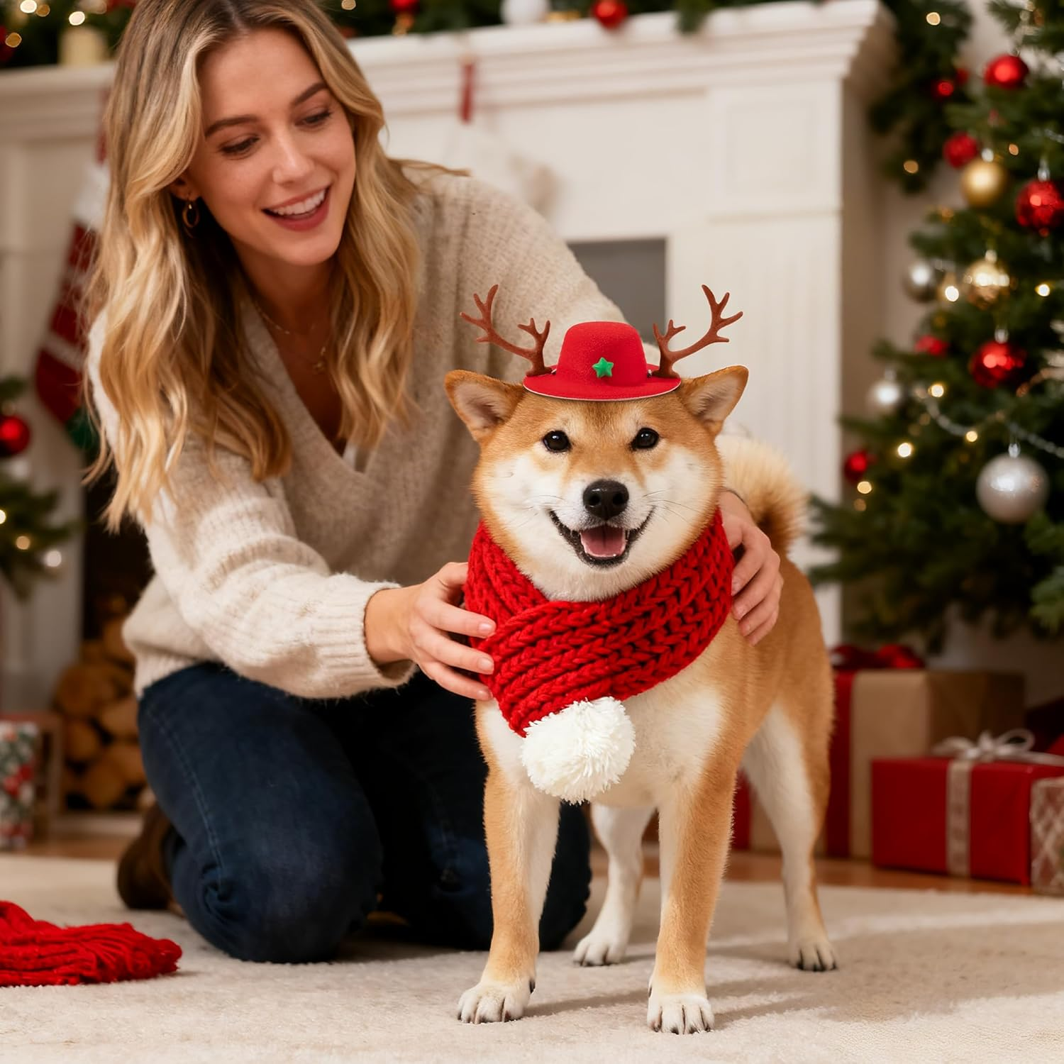 Gwaoery Dog Christmas Costumes, Pet Reindeer Hat and Scarf Christmas Outfit Small Dogs Cats Clothes Puppy New Year Party Supplies Adjustable Headdress Apparel for Winter Warm Holiday (Red M) image number 6