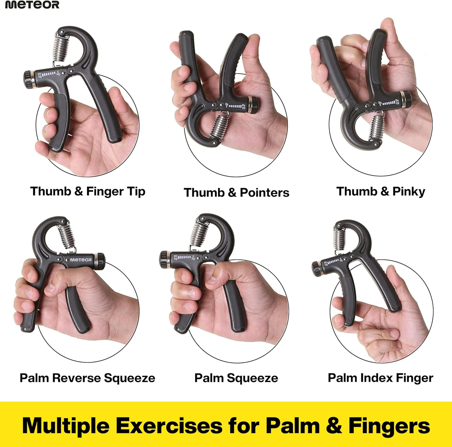 METEOR Hand Grip Strengtheners, Adjustable Gripster Trainer Set for Enhanced Grip Strength, Forearm Training, and Finger Flexibility (Black-Adjustable Grip Strenghtener)