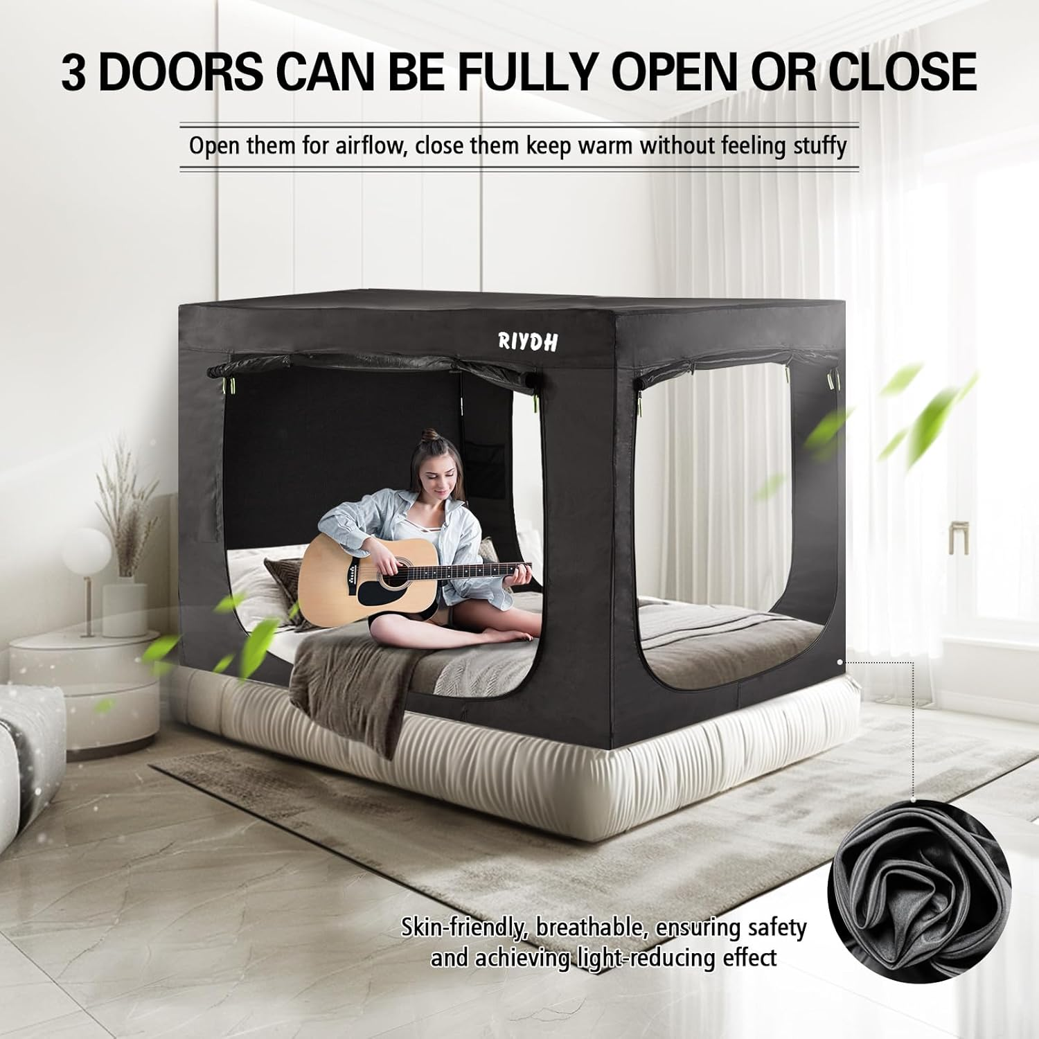 RIYDH Bed Tent Twin Bed Canopy Tents for Adult - Portable Dream Tent Indoor Sleeping Tents 70% Blackout with 3 Doors Breathable Private Space Tents