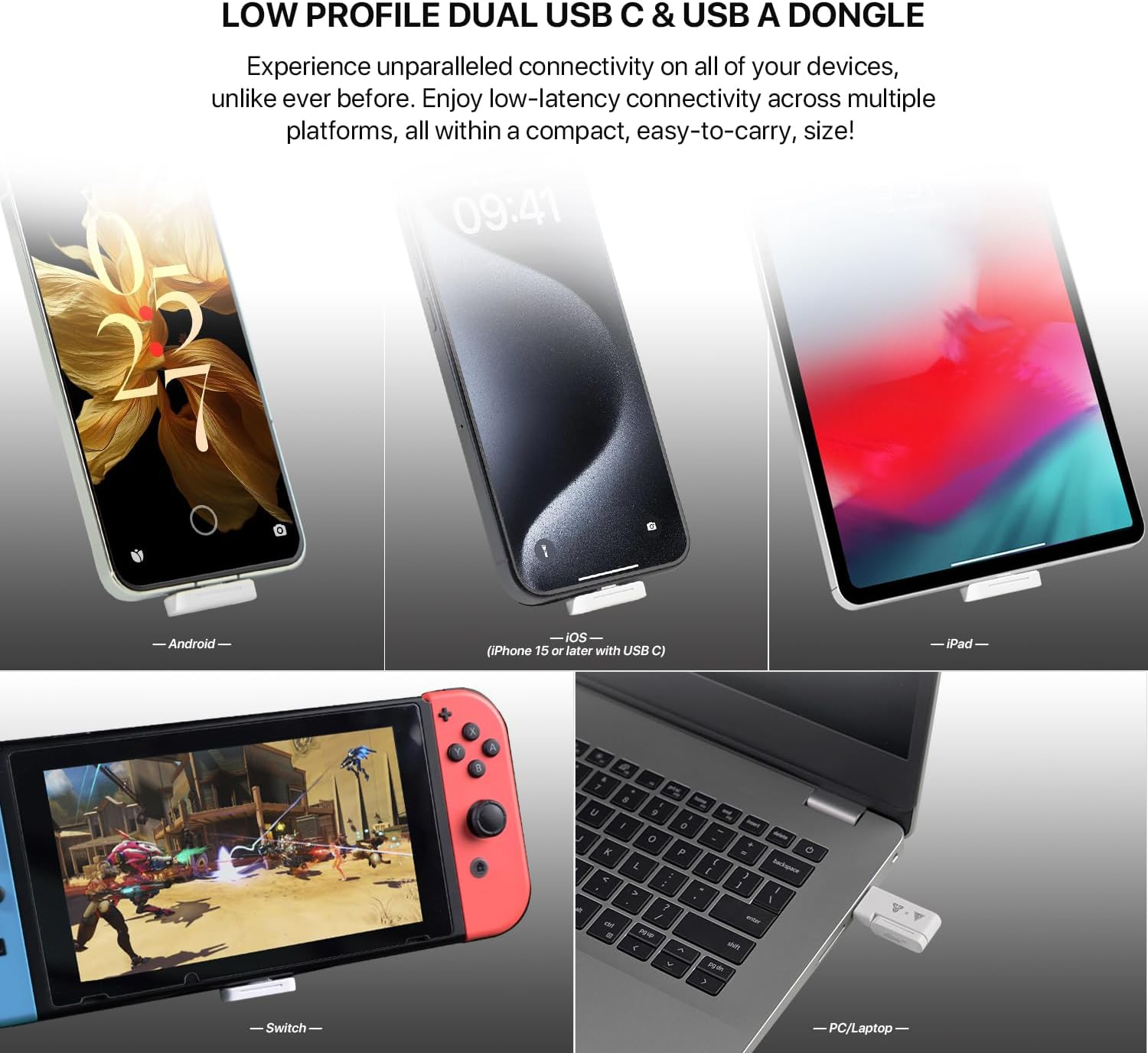 FANTECH WHG03P Wireless Gaming Headset, Quad-Mode with Combo USB-C/A 2-In-1 Dongle, 40H Battery, 7.1 Surround Sound, 180G, Foldable ENC Mic, for Pc/Ps5/Switch/Mobile(White) - Grey image number 6