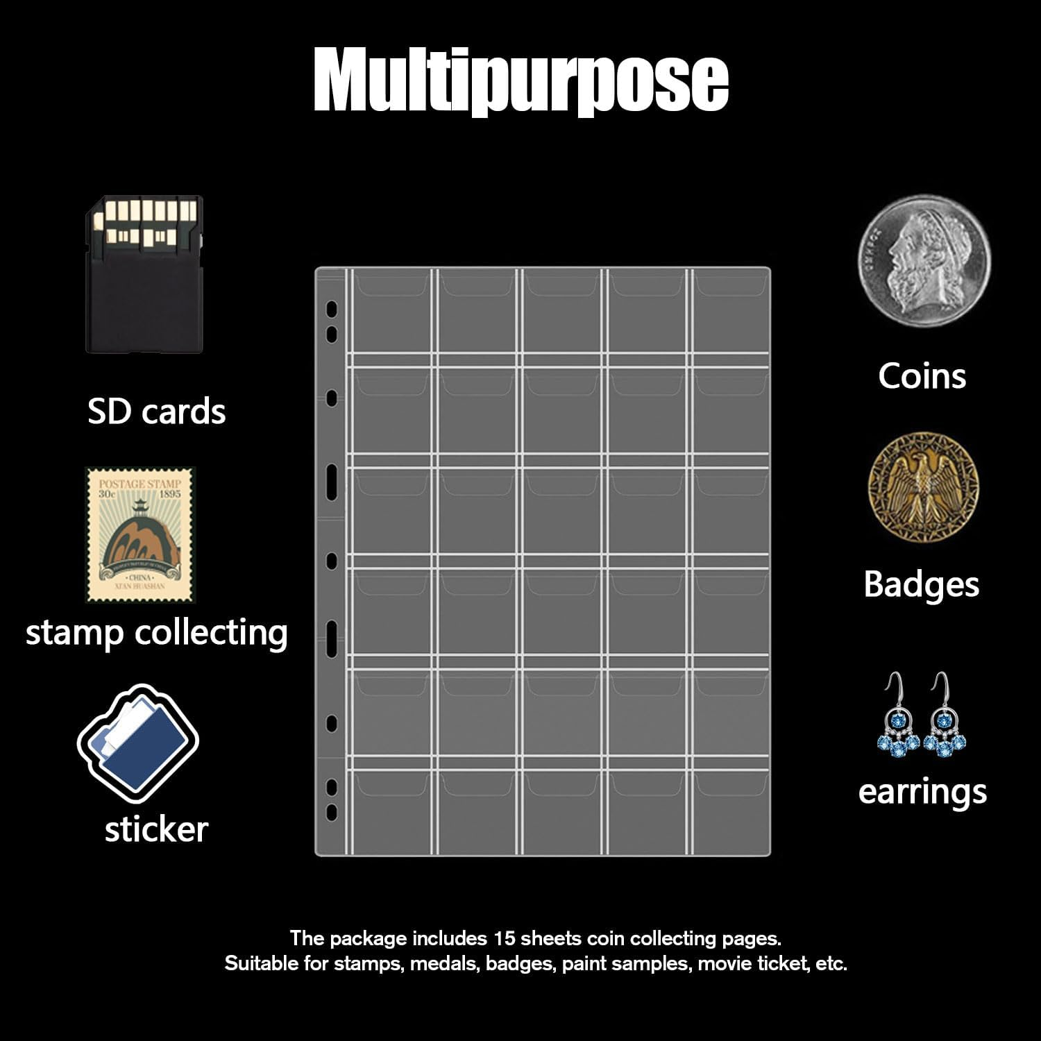 30-Pocket Coin Collection Pages, Coin Collection Supplies Standard 9-Hole Binder Compatible Coin Binder 3.5X3.5Cm Pocket Size Coin and Stamp Collecting Supplies (30Pocket,3.5X3.5Cm,15 Sheet)