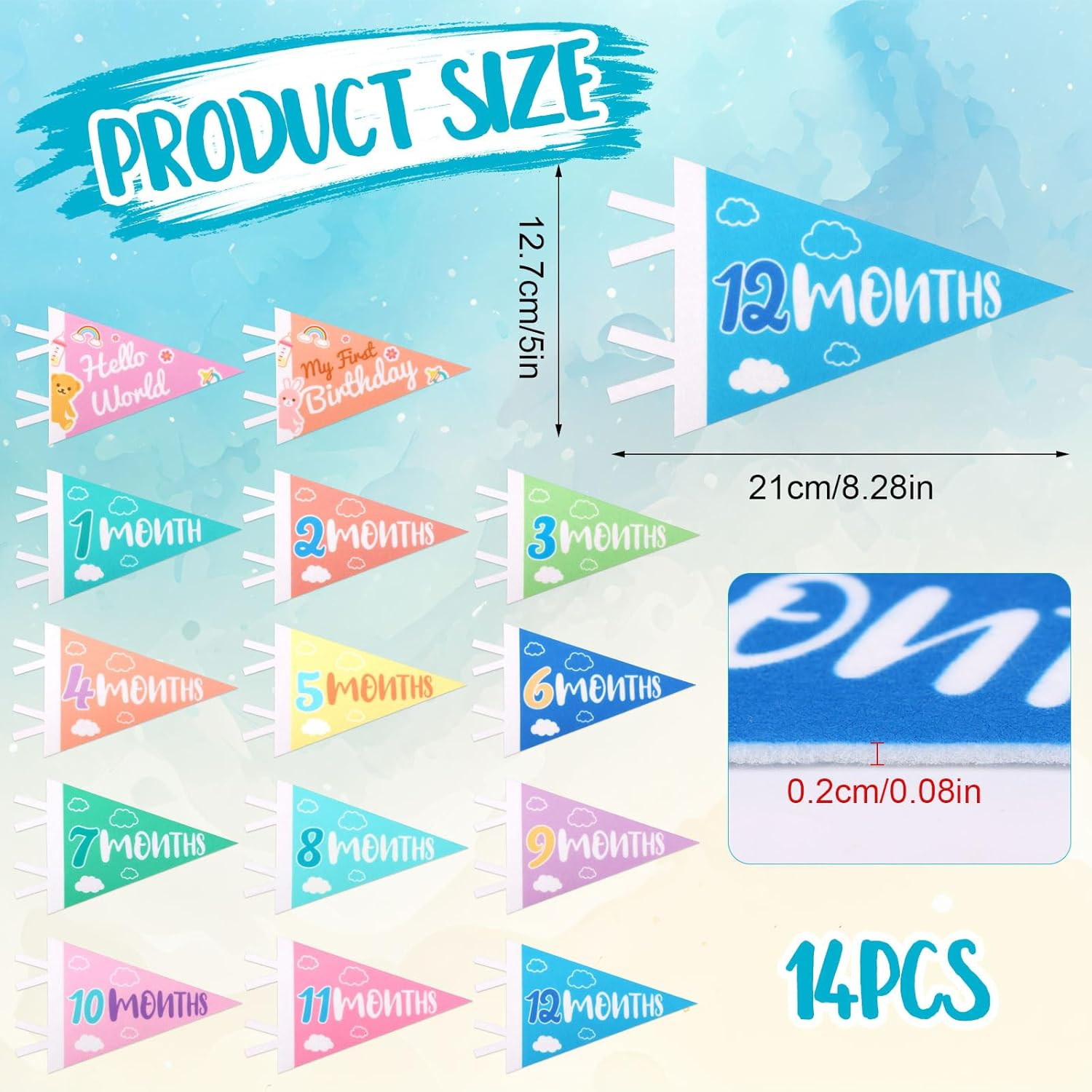 14Pcs Baby Felt Pennant Milestone Signs, Multicolour Monthly Baby Milestone Flag Baby Age Milestone Triangle Flags for Boy & Girl Newborn Party Favors Photo Props image number 5