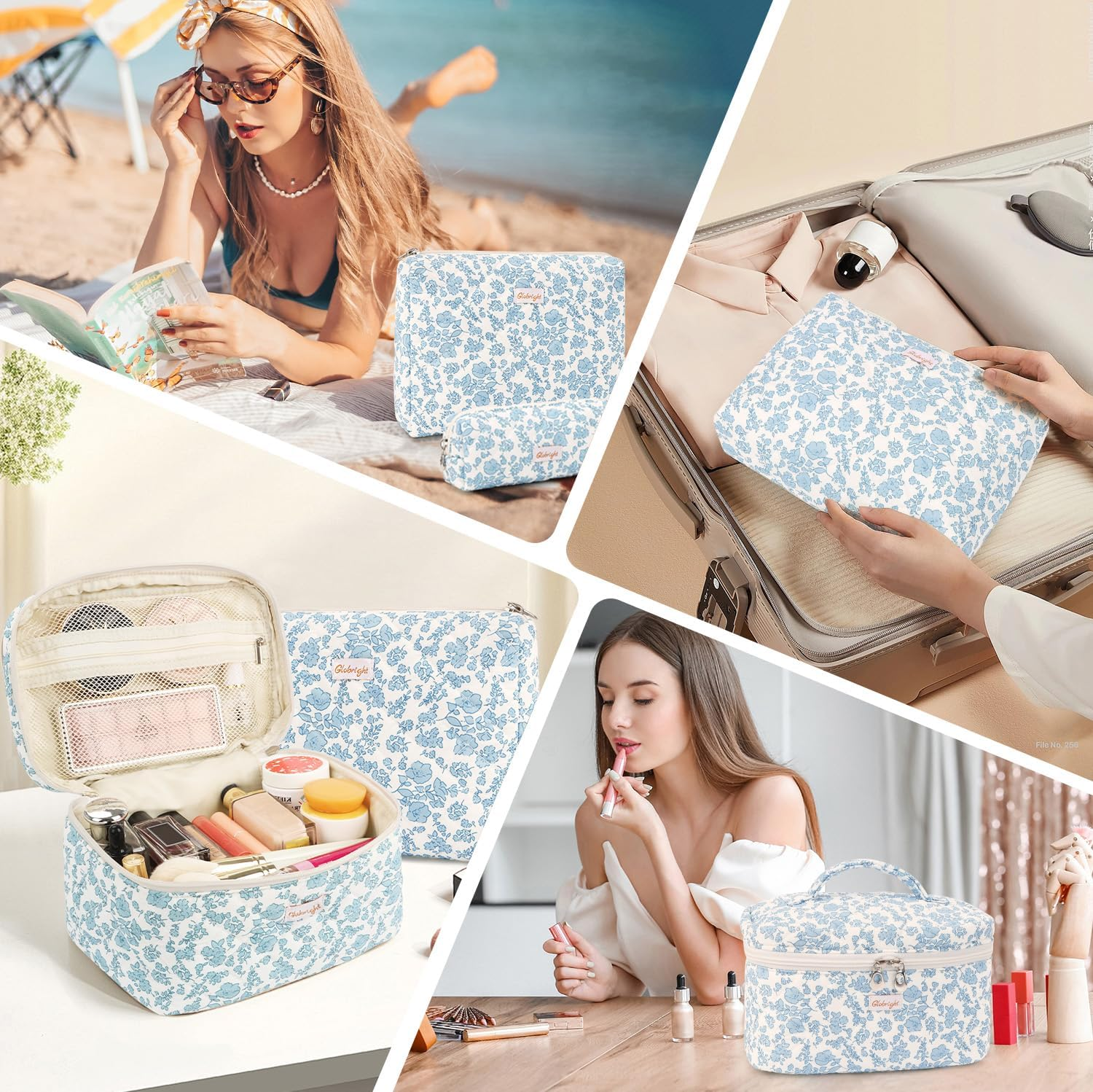 Globright 3 Pieces Makeup Bag Large Checkered Cosmetic Bag, Cotton Make up Bag Travel Toiletry Bag for Mom Girlfriend Wife Women, Floral, Morden image number 6