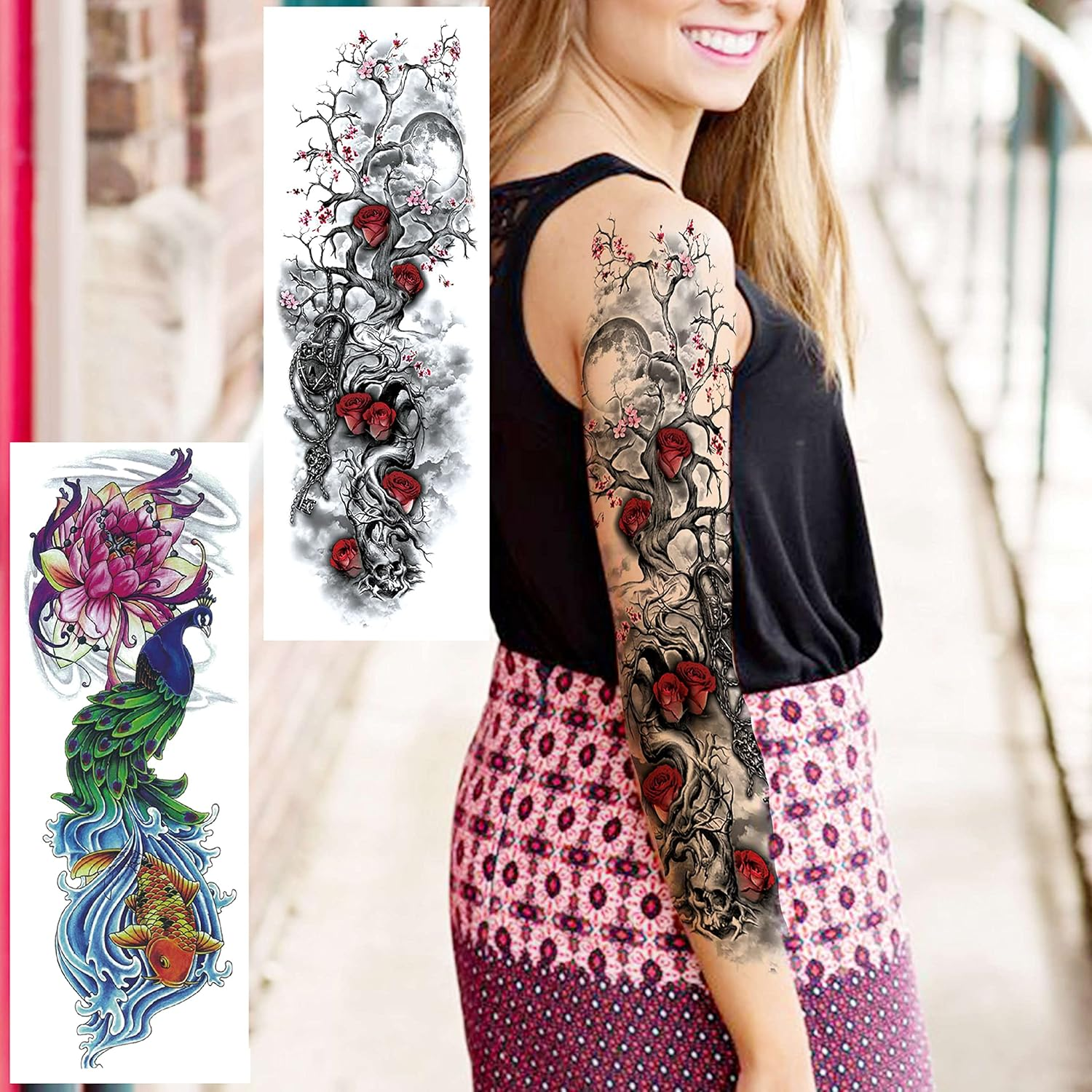 11 Sheets NEZAR Large Vine Peony Flower Rose Full Arm Temporary Tattoos for Women Realistic Skull Skeleton Fake Temporary Tattoo Sleeves Stickers Waterproof Leg Makeup Floral Blossom Tatoos Paper Eye image number 4