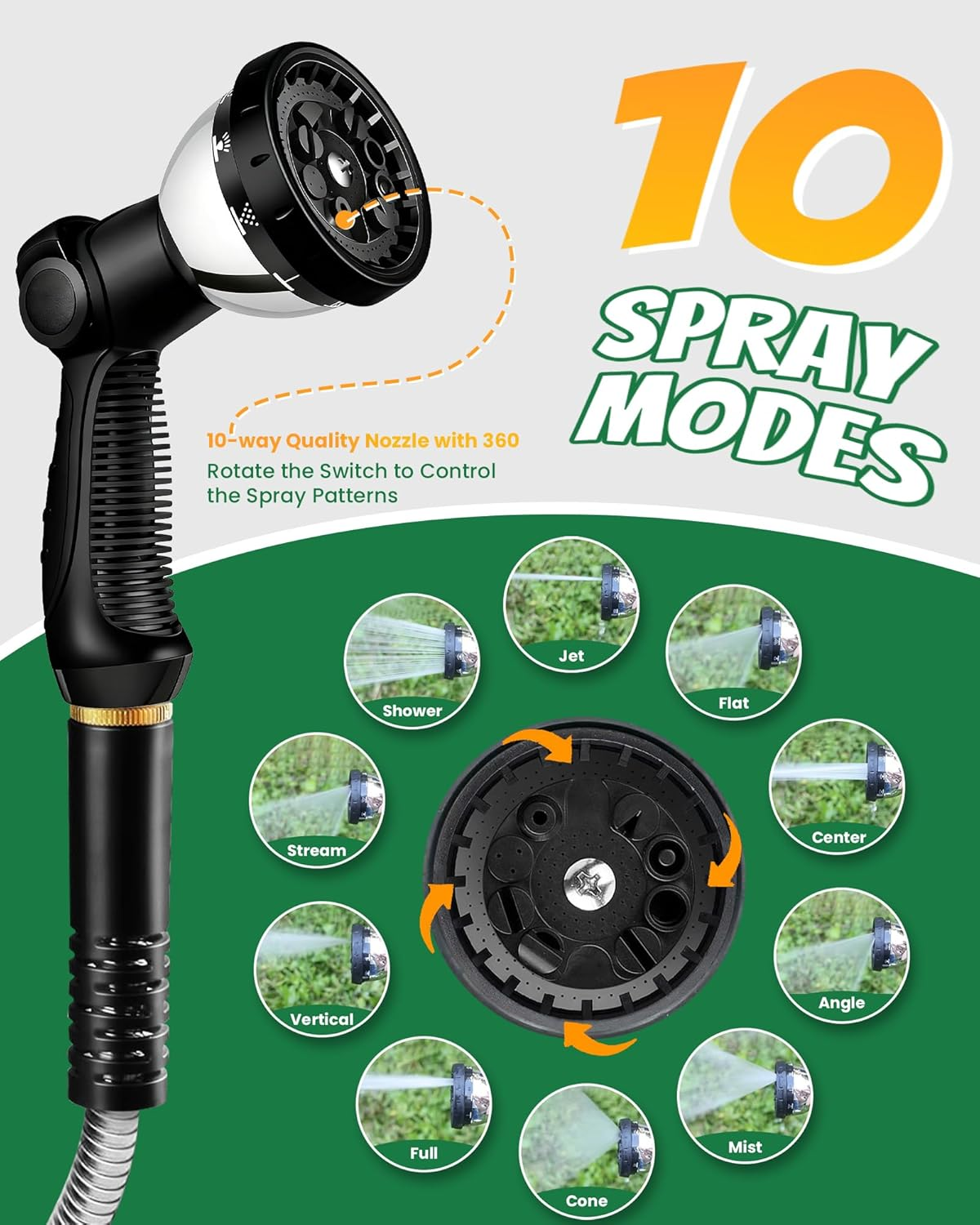 Garden Hose 100FT (30M) - Stainless Steel Water Hoses with 10 Function Spray Nozzle, Lightweight, Heavy Duty & Flexible with Removable Hose Connector for Car Wash, Outdoor, Yard, RV & Garden image number 2
