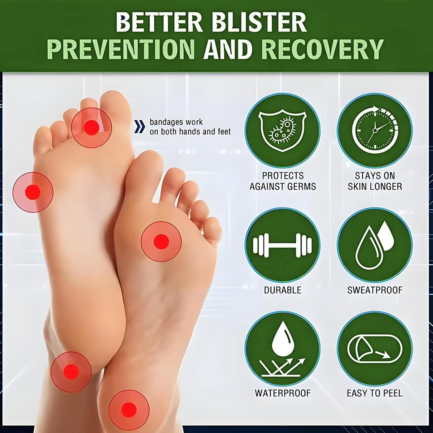 40 Pcs Blister Bandages for Feet, Invisible Hydrocolloid Bandages Hydrocolloid Patch,Blister Cushions, Waterproof Bandages for Foot, Toe, and Heel Prevention and Recovery image number 1