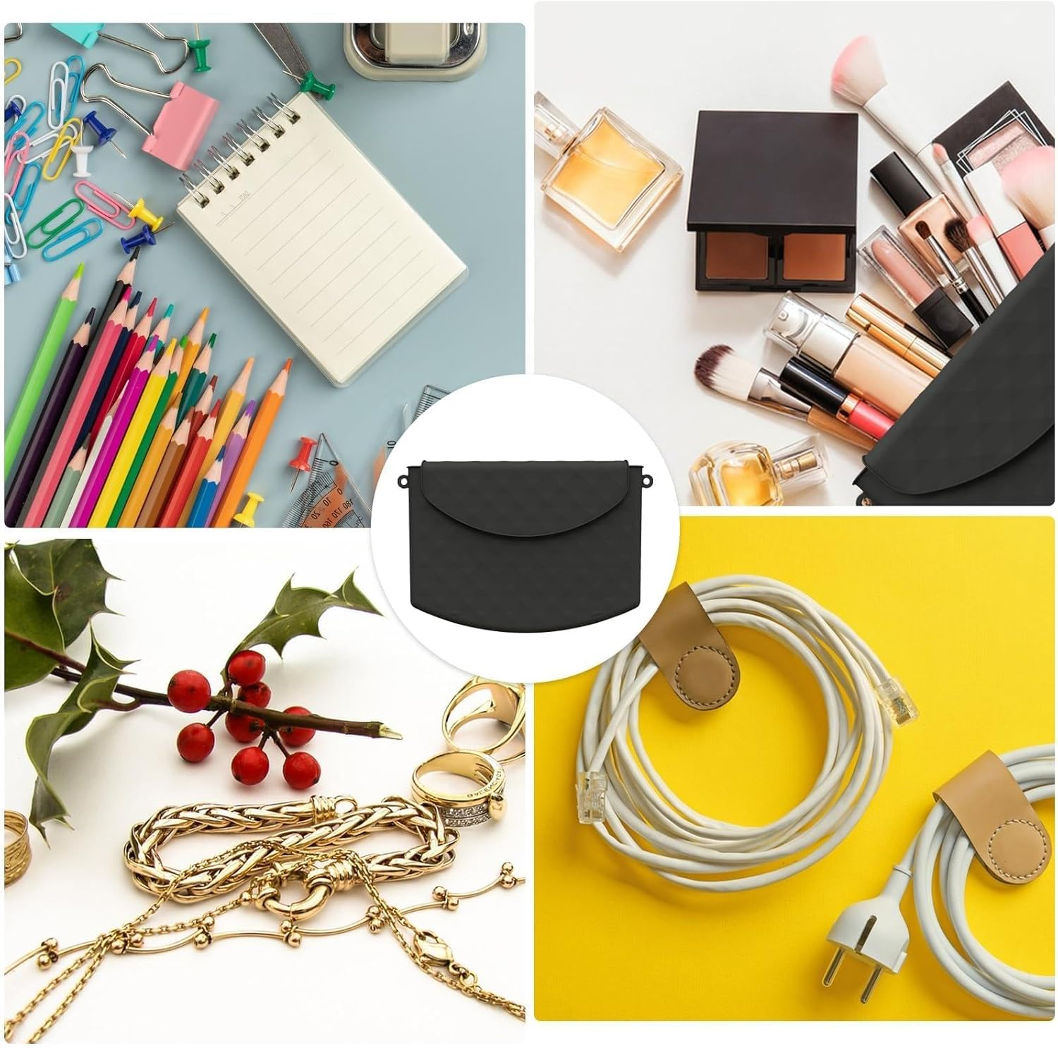 HTRTRR Silicone Cosmetic Bag, Silicone Cosmetic Bag for Women, Magnetic Closure Portable Cosmetic Bag, Holds Beauty Tools, Brushes, Toiletries, Iron, Fashion, Black, Pure Colour image number 1