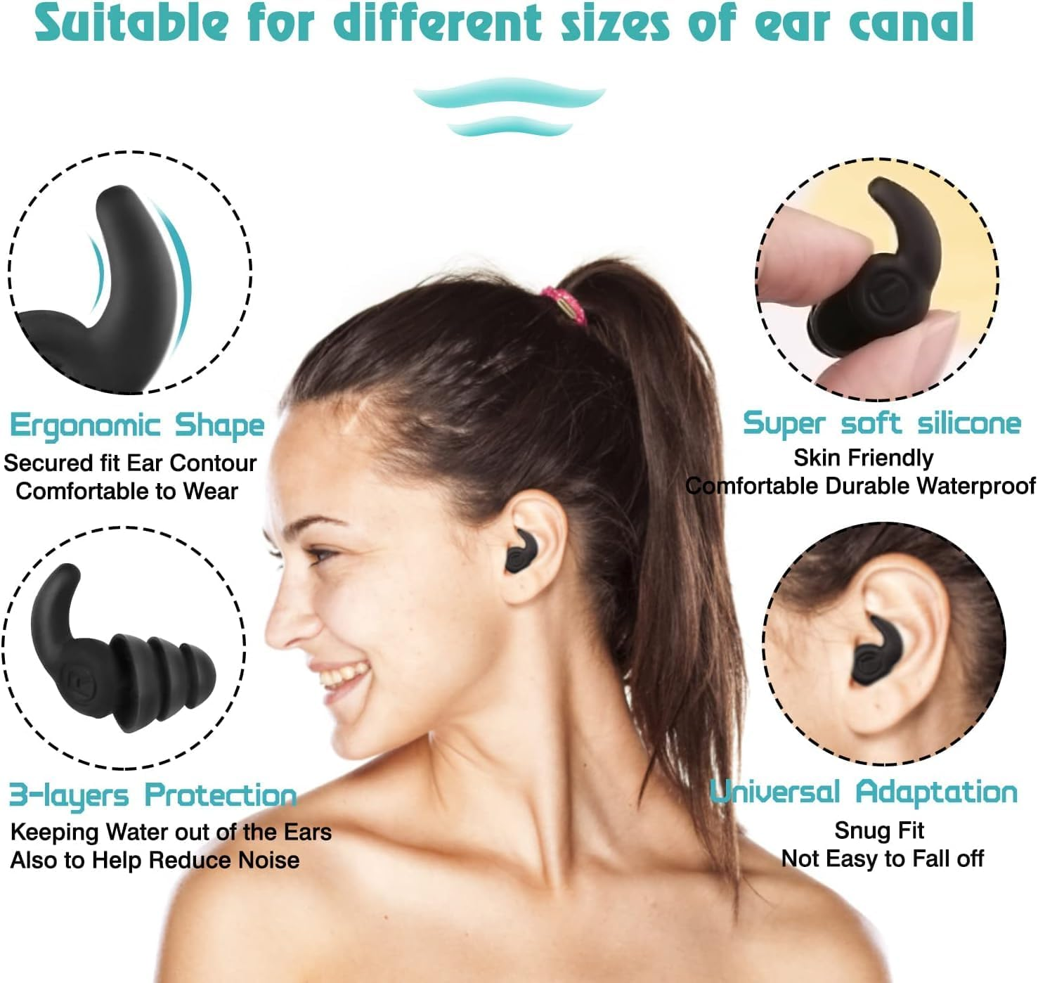 Limcryspp 3Pairs of Reusable Swimming Earplugs, Soft Silicone Waterproof Swimming Earplugs, Used for Bathing, Surfing, Swimming, Kayaking, and Other Water Sports(Black, Green, Gray) image number 3