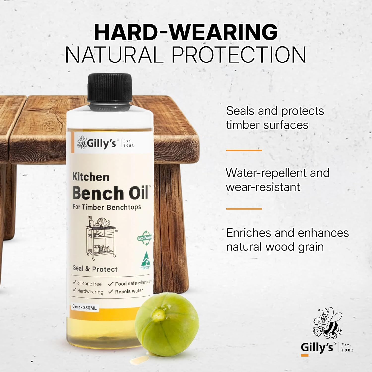 Gilly'S Kitchen Bench Oil 250Ml | Tung Oil-Based Natural Timber Sealer for Benchtops, Tables, Cabinets, and More | Water Repellent, Easy Maintenance, No Silicone or Synthetic Resins image number 2