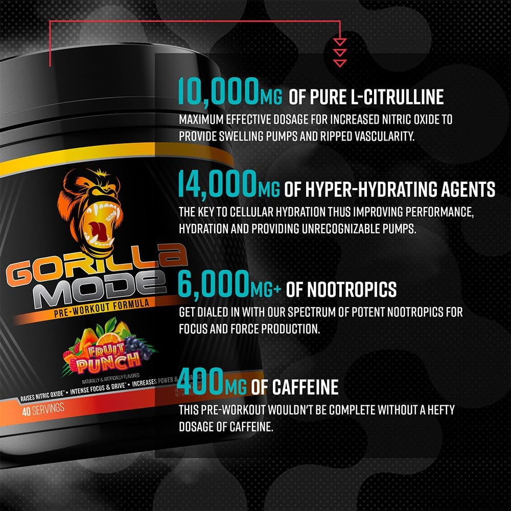 Gorilla Mode Pre Workout - Massive Pumps &middot; Laser Focus &middot; Energy &middot; Power - L-Citrulline, Creatine, L-Tyrosine, Betaine, Hydroprime&reg;, Alpha-Gpc, 400Mg Caffeine, Huperzine a - 776G (Rainbow Sherbet) image number 2