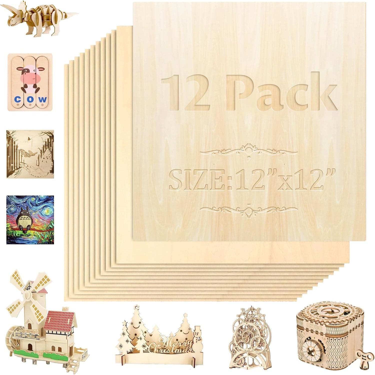 12 Pack 12"X12"X1/8" Basswood Sheets 3Mm Basswood Plywood,Craft Wood Balsa Wood,For DIY Ornaments and Model Engraving, Wood Burning, Architectural Models, Drawing、Wood for Laser Cutting image number 5