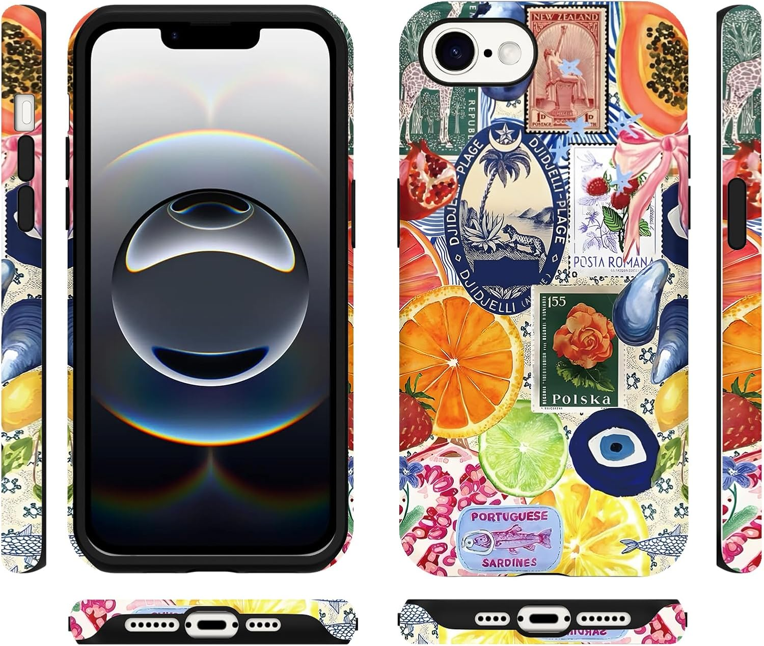 Yirlbey Mobile Phone Case for Iphone 16E Case 6.1 Inches, Aesthetic Summer Collage Fruit Pattern Design for Girls Protective Case Dual Layer Shockproof Soft Colourful Silicone TPU Bumper Case, Retro image number 3