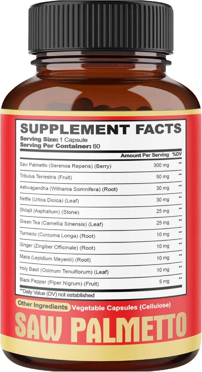 2 Packs 60 Counts 4 Months - Saw Palmetto Capsules 5300 Mg - 11In1 with Ashwagandha, Turmeric, Tribulus, Maca, Green Tea, Holy Basil & More - Extract for Prostate, Skin & Immune Support image number 6