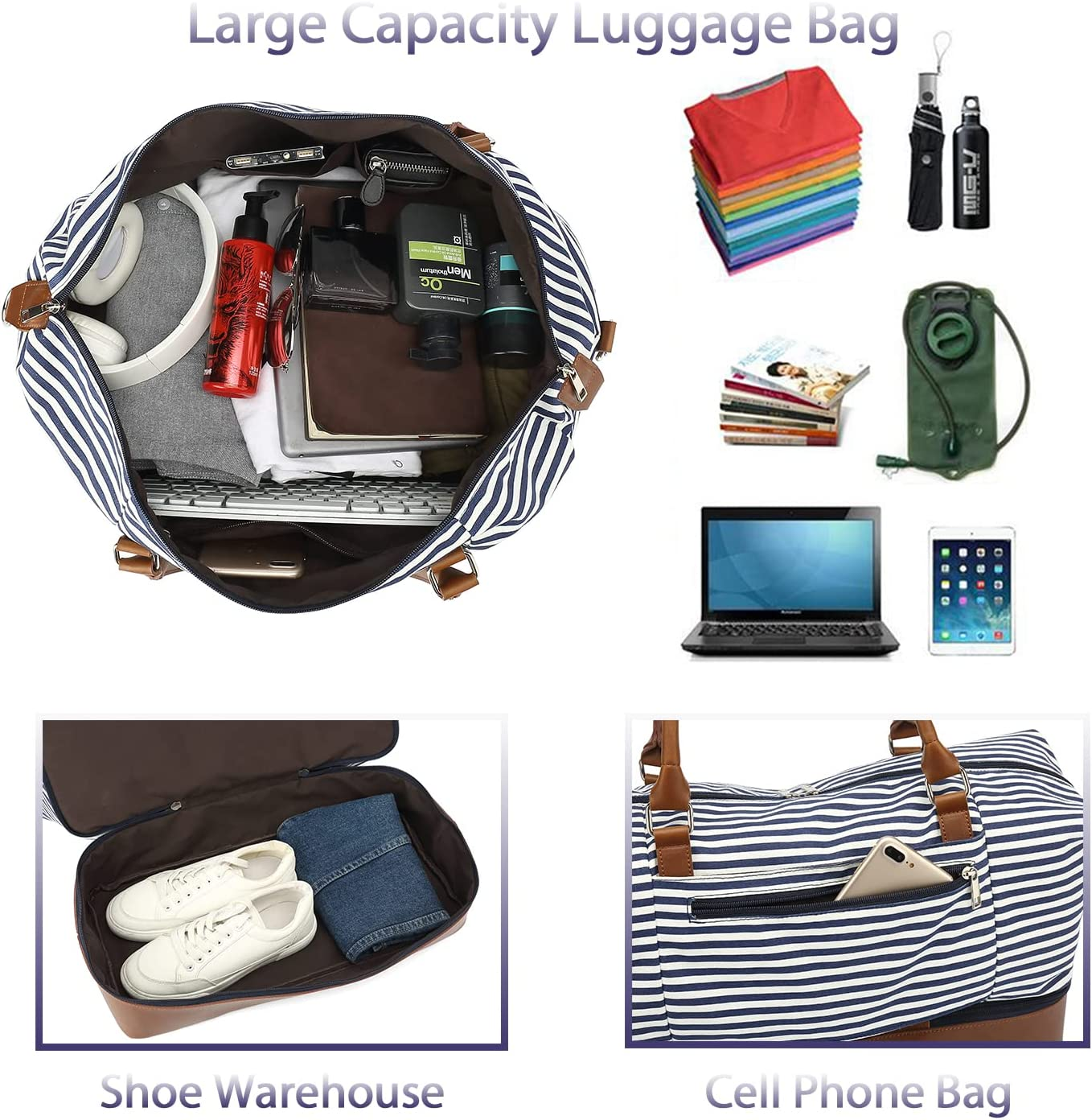 Large Women Canvas Weekender Bag for Travel, 45L Travel Tote Duffel Shoulder Weekend Bag Unisex Overnight Handbag Carry on Duffel Bag (X-Large,Black Stripe) image number 3